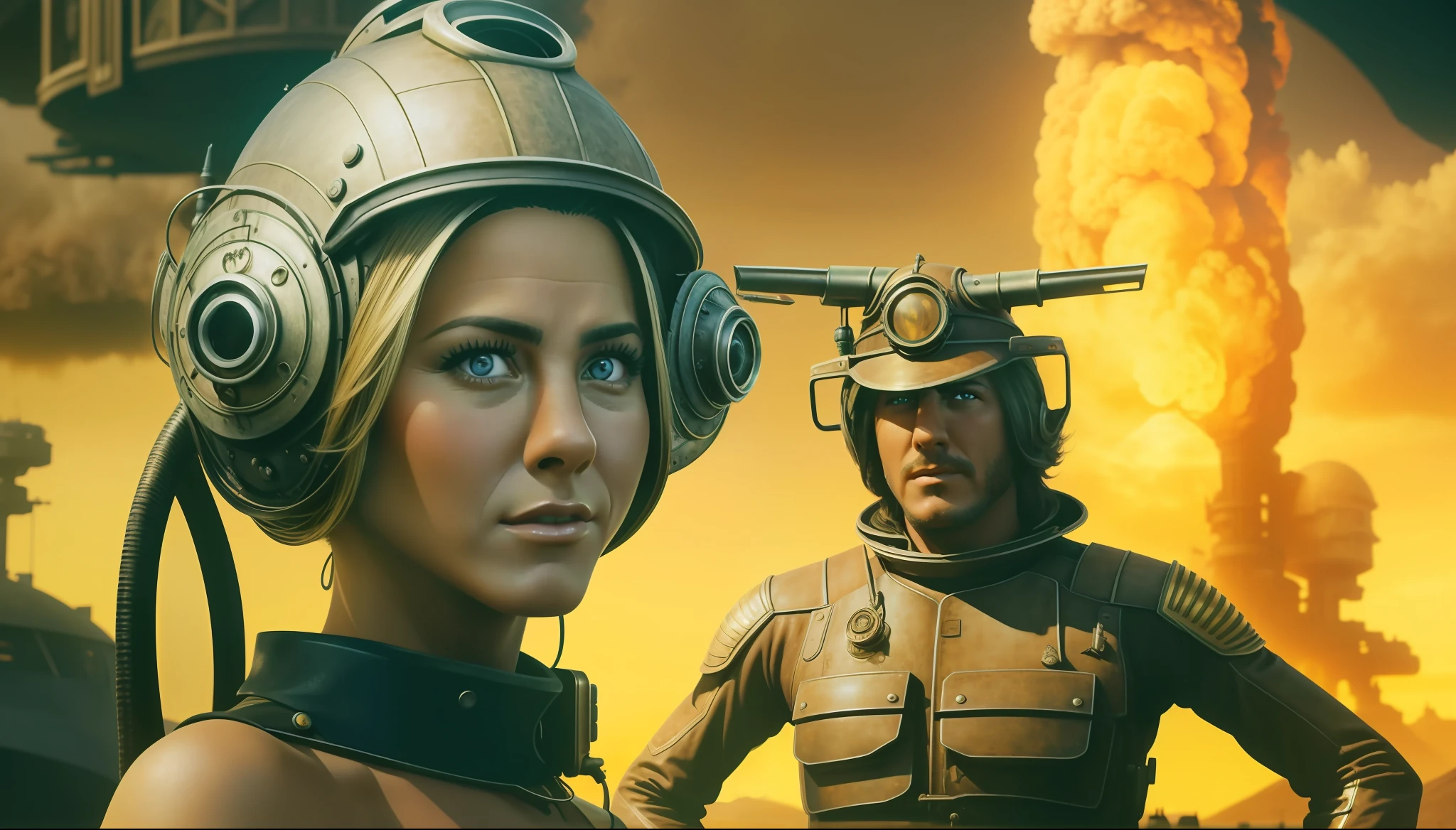 a man and a woman (Jennifer Aniston) standing next to each other, a matte painting by Don Maitz, cgsociety, retrofuturism, reimagined by industrial light and magic, steampunk, matte painting