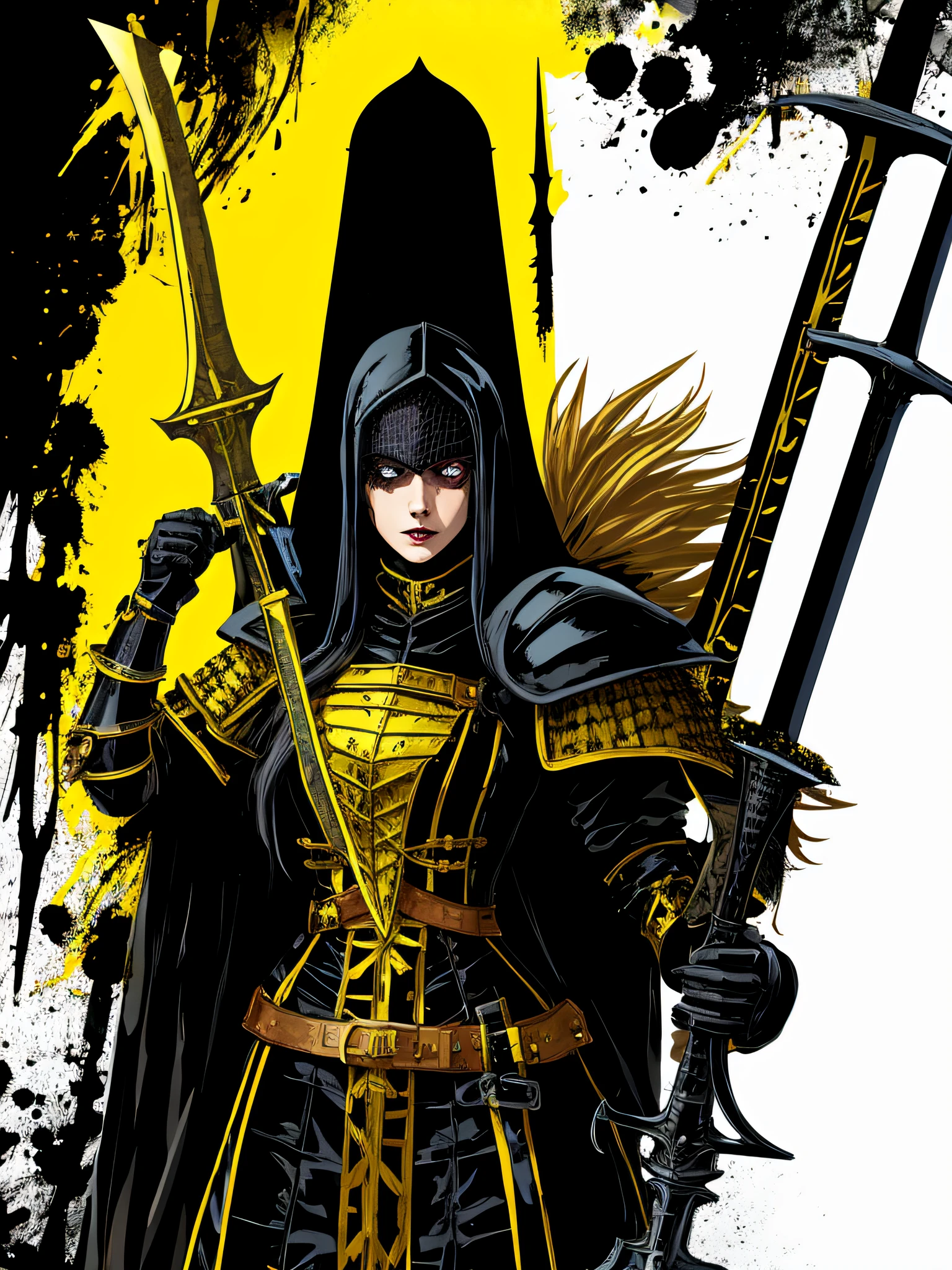 yellow and black, a medieval blonde woman black knight with a big sword, in the style of Mork Borg, strong contrast, grunge dirty punk splash art, zine black metal