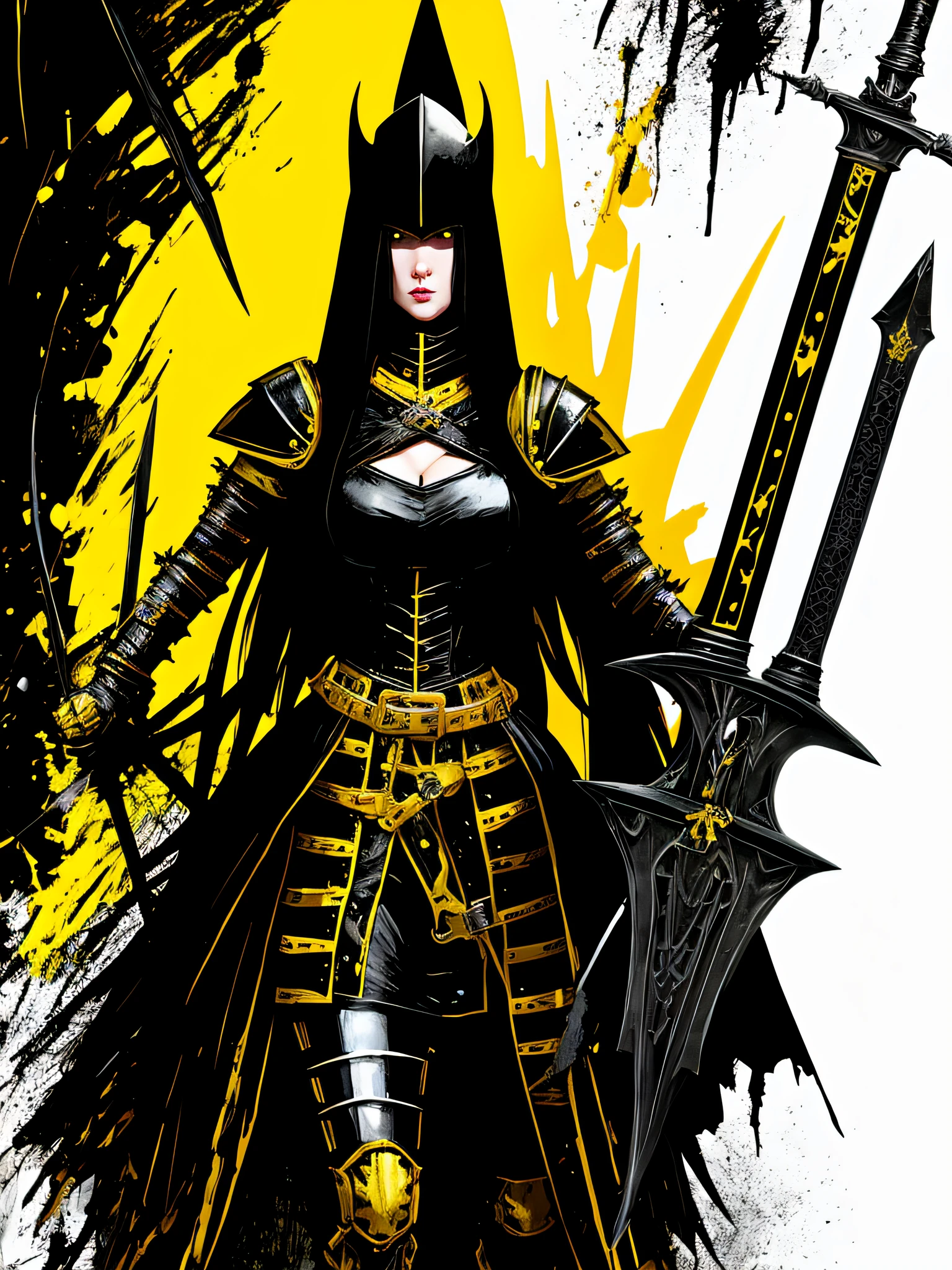 yellow and black, a medieval blonde woman black knight with a big sword, in the style of Mork Borg, strong contrast, grunge dirty punk splash art, zine black metal