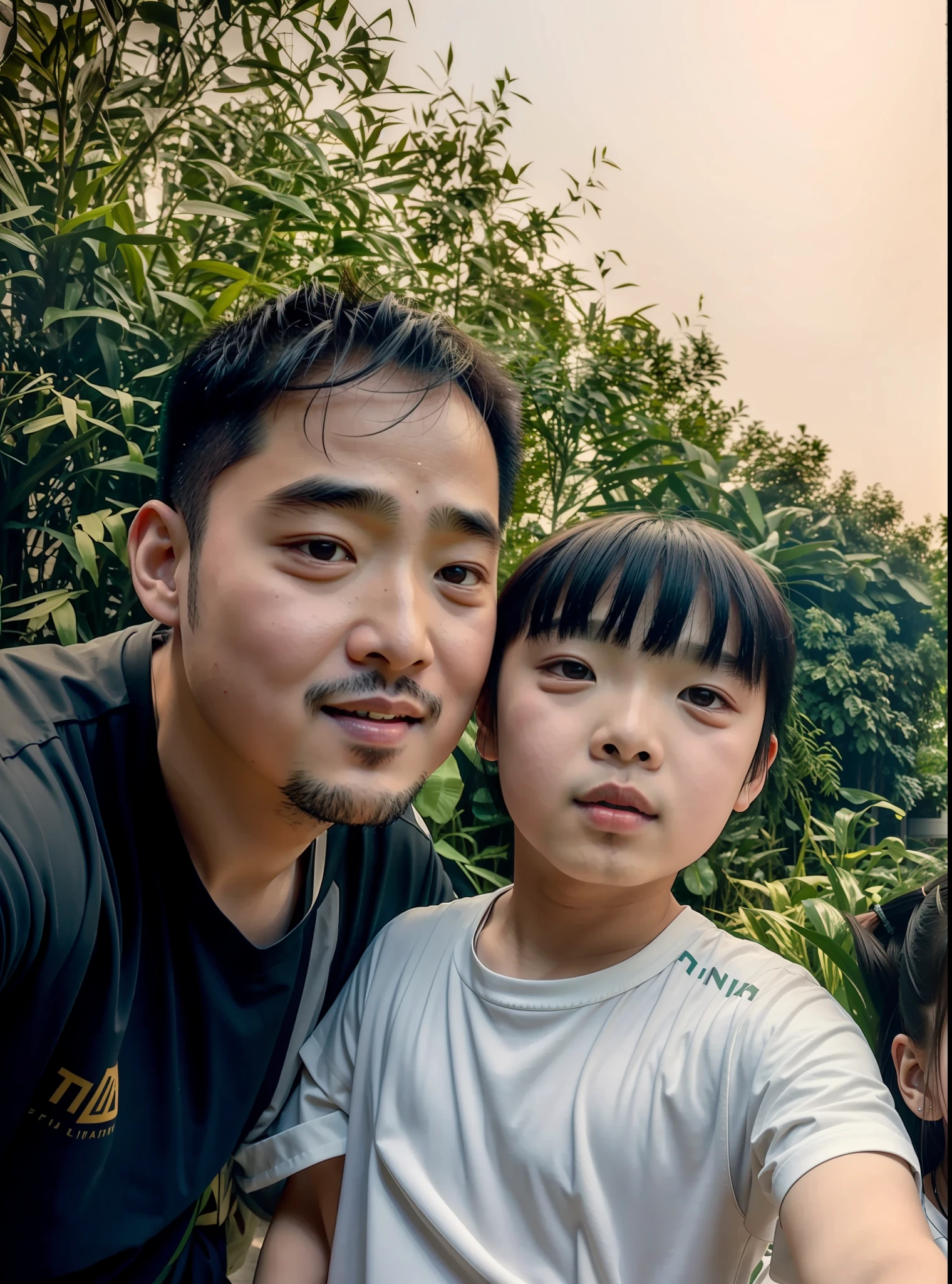 there is a man and a taking a selfie, ruan jia and fenghua zhong, with a kid, xintong chen, zeng fanzh, 8k selfie photograph, jinyiwei, huifeng huang, caring fatherly wide forehead, zmonzheng, li zixin, wenjun lin, wenfei ye, wang liang