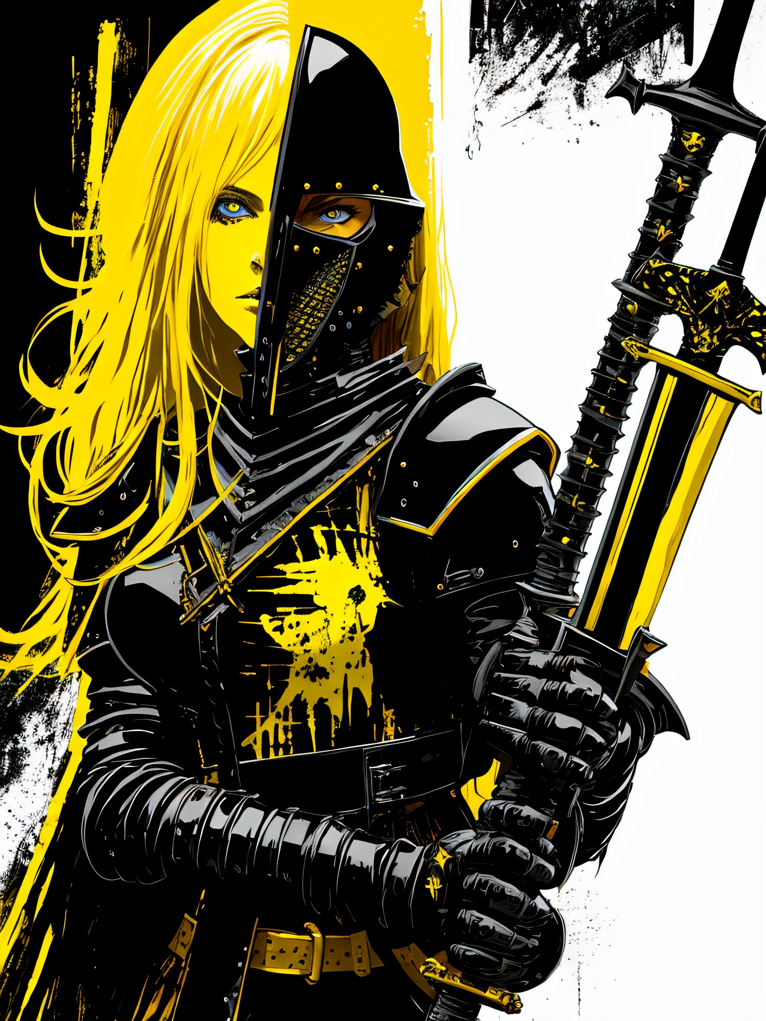 yellow and black, a medieval blonde woman black knight with a big sword, in the style of Mork Borg, strong contrast, grunge dirty punk splash art, zine black metal
