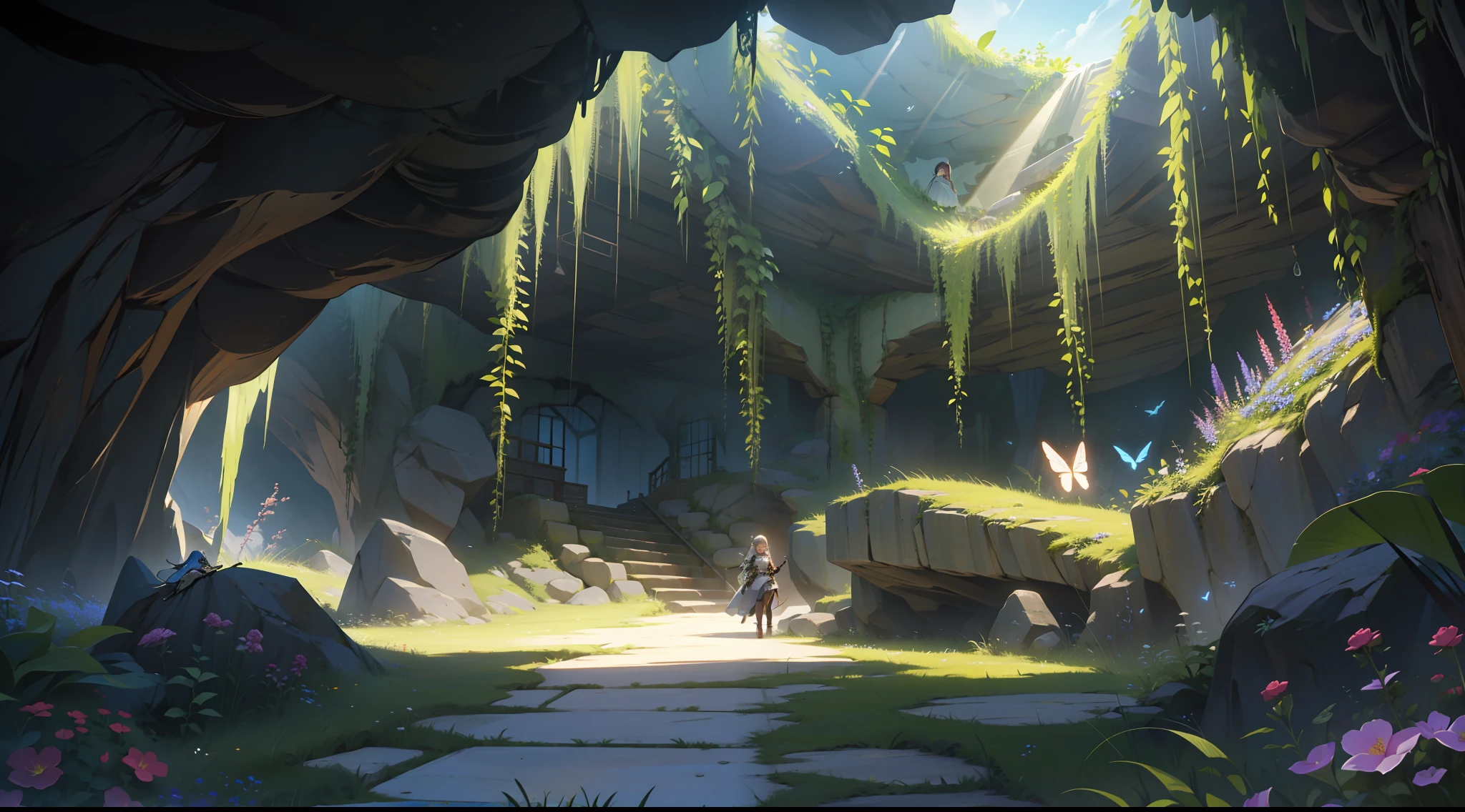 UHD, retina, masterpiece, ccurate, anatomically correct, textured skin, super detail, high details, high quality, award winning, best quality, highres, 8k,huge dark underground cavern, The bright rays of the sun shine through the large holes in the ceiling to illuminate the floor of the cave, there are many plants on the floor when the sunlight shines, beautiful flowers bloom, the grass and undergrowth like a green carpet create a beautiful scene, there is a table and chairs in the middle, a life-size doll of a girl in a beautiful snow-white dress sits on a chair, On the table are decorated with ikebana, ((underground cave)), dark cave, girl dolls, dolls, dazzling lights, summer sunshine, streaks of light, birds, butterflies, sunlight filtering through trees, entangled in grass, covered with vines and leaves, flowers blooming, stairs of light, round tables, (in the darkness at the back of the cave, a huge 20-meter-long combat robot opens the chest armor, and in the fuselage there is a cockpit), complex machinery, Biomechanics, (Robot), (Tank), Girl Puppet Sees Viewer, ((Seated)),Cockpit,Cockpit,Cockpit,(Giant Combat Robot on its knees)