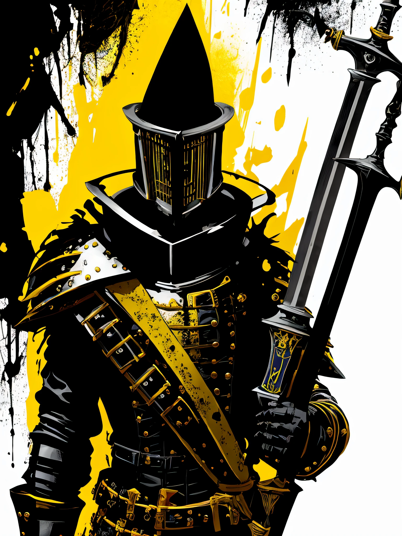 yellow and black, a medieval blonde man black knight with a big sword, in the style of Mork Borg, strong contrast, grunge dirty punk splash art, zine black metal