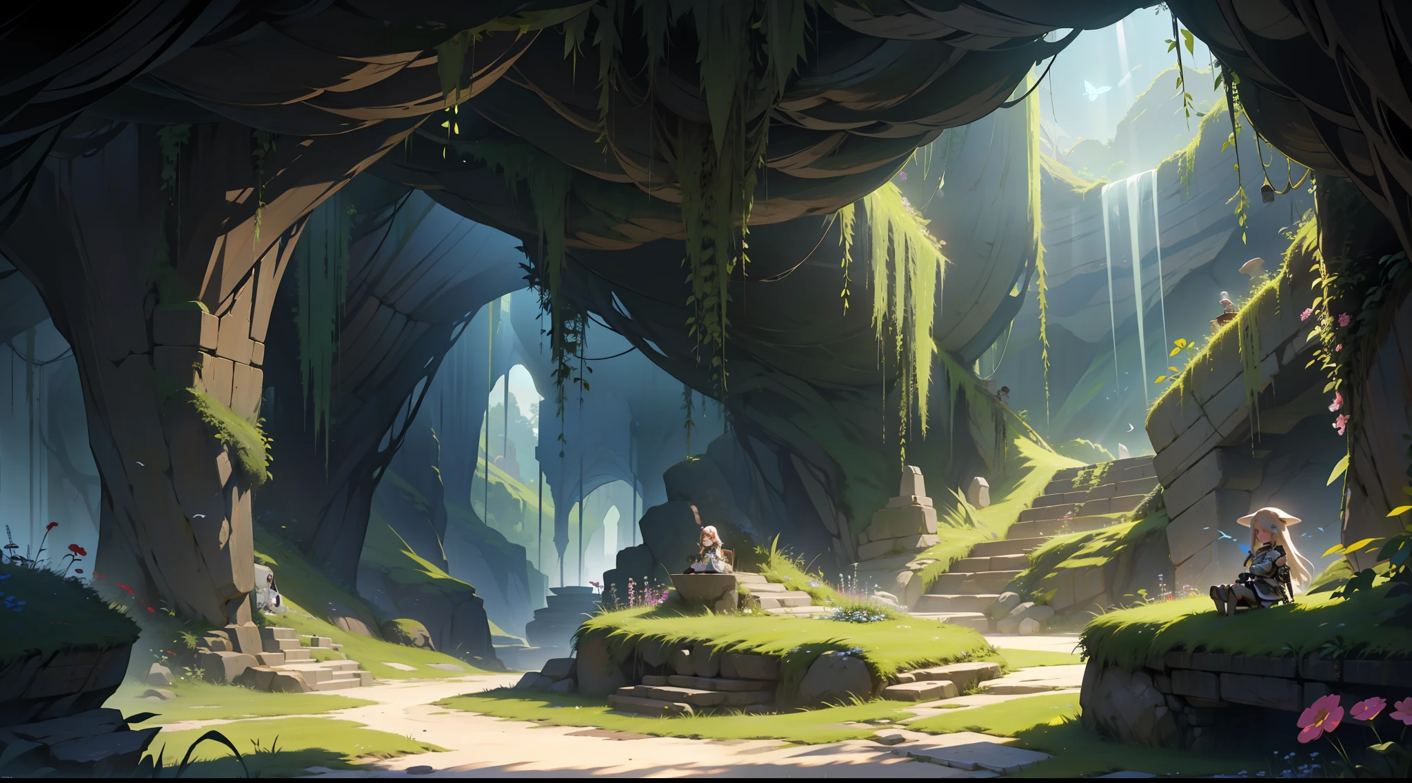 UHD, retina, masterpiece, ccurate, anatomically correct, textured skin, super detail, high details, high quality, award winning, best quality, highres, 8k,huge dark underground cavern, The bright rays of the sun shine through the large holes in the ceiling to illuminate the floor of the cave, there are many plants on the floor when the sunlight shines, beautiful flowers bloom, the grass and undergrowth like a green carpet create a beautiful scene, there is a table and chairs in the middle, a life-size doll of a girl in a beautiful snow-white dress sits on a chair, On the table are decorated with ikebana, ((underground cave)), dark cave, girl dolls, dolls, dazzling lights, summer sunshine, streaks of light, birds, butterflies, sunlight filtering through trees, entangled in grass, covered with vines and leaves, flowers blooming, stairs of light, round tables, (in the darkness at the back of the cave, a huge 20-meter-long combat robot opens the chest armor, and in the fuselage there is a cockpit), complex machinery, Biomechanics, (Robot), (Tank), Girl Puppet Sees Viewer, ((Seated)),Cockpit,Cockpit,Cockpit,(Giant Combat Robot on its knees)