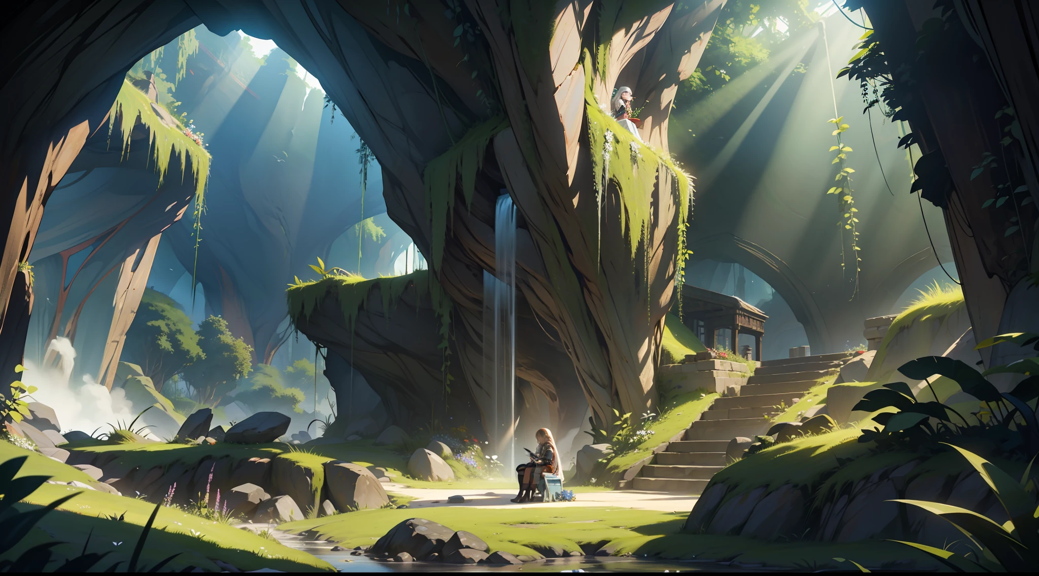 UHD, retina, masterpiece, ccurate, anatomically correct, textured skin, super detail, high details, high quality, award winning, best quality, highres, 8k,huge dark underground cavern, The bright rays of the sun shine through the large holes in the ceiling to illuminate the floor of the cave, there are many plants on the floor when the sunlight shines, beautiful flowers bloom, the grass and undergrowth like a green carpet create a beautiful scene, there is a table and chairs in the middle, a life-size doll of a girl in a beautiful snow-white dress sits on a chair, On the table are decorated with ikebana, ((underground cave)), dark cave, girl dolls, dolls, dazzling lights, summer sunshine, streaks of light, birds, butterflies, sunlight filtering through trees, entangled in grass, covered with vines and leaves, flowers blooming, stairs of light, round tables, (in the darkness at the back of the cave, a huge 20-meter-long combat robot opens the chest armor, and in the fuselage there is a cockpit), complex machinery, Biomechanics, (Robot), (Tank), Girl Puppet Sees Viewer, ((Seated)),Cockpit,Cockpit,Cockpit,(Giant Combat Robot on its knees)