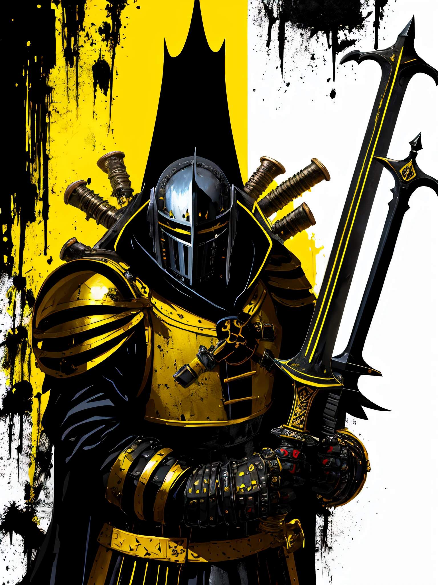 yellow and black, a medieval blonde man black knight with a big sword, in the style of Mork Borg, strong contrast, grunge dirty punk splash art, zine black metal