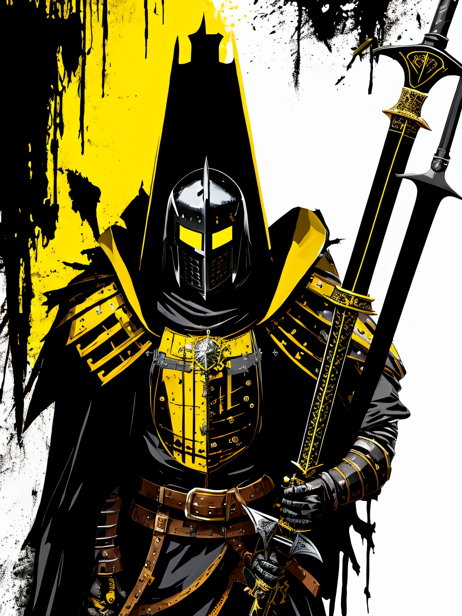 yellow and black, a medieval blonde man black knight with a big sword, in the style of Mork Borg, strong contrast, grunge dirty punk splash art, zine black metal