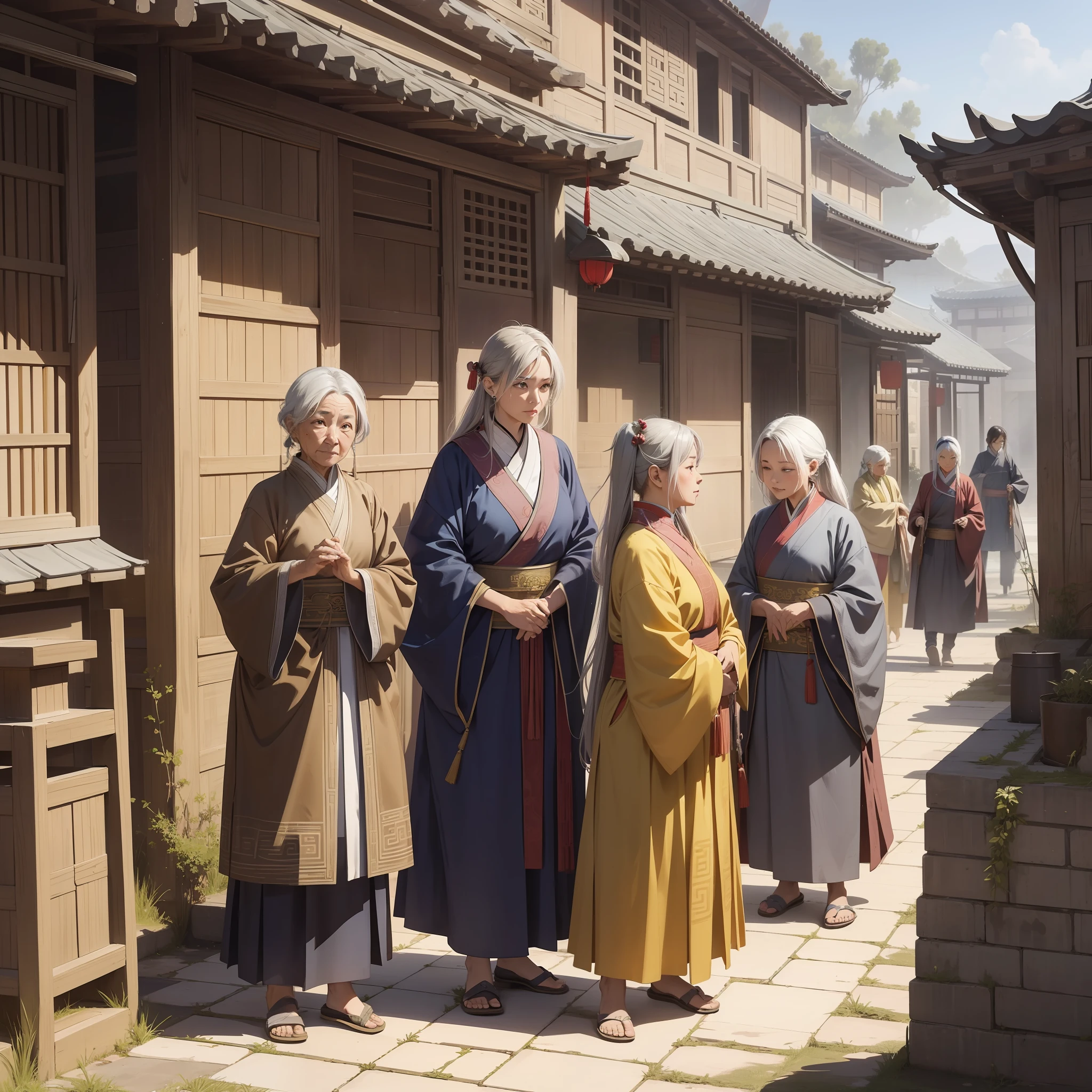 In ancient China, five old gray-haired women in plain Han clothes, about 70 years old, standing together crying (masterpiece 1.5) (background is a crowded square.5) (square gathering 1.5) (dilapidated village 1.5) super detail, (crying 1.5) (ancient Chinese 1.5) (dusk 1.3) (broken city wall) old woman 1.5) (desert environment 1.5)