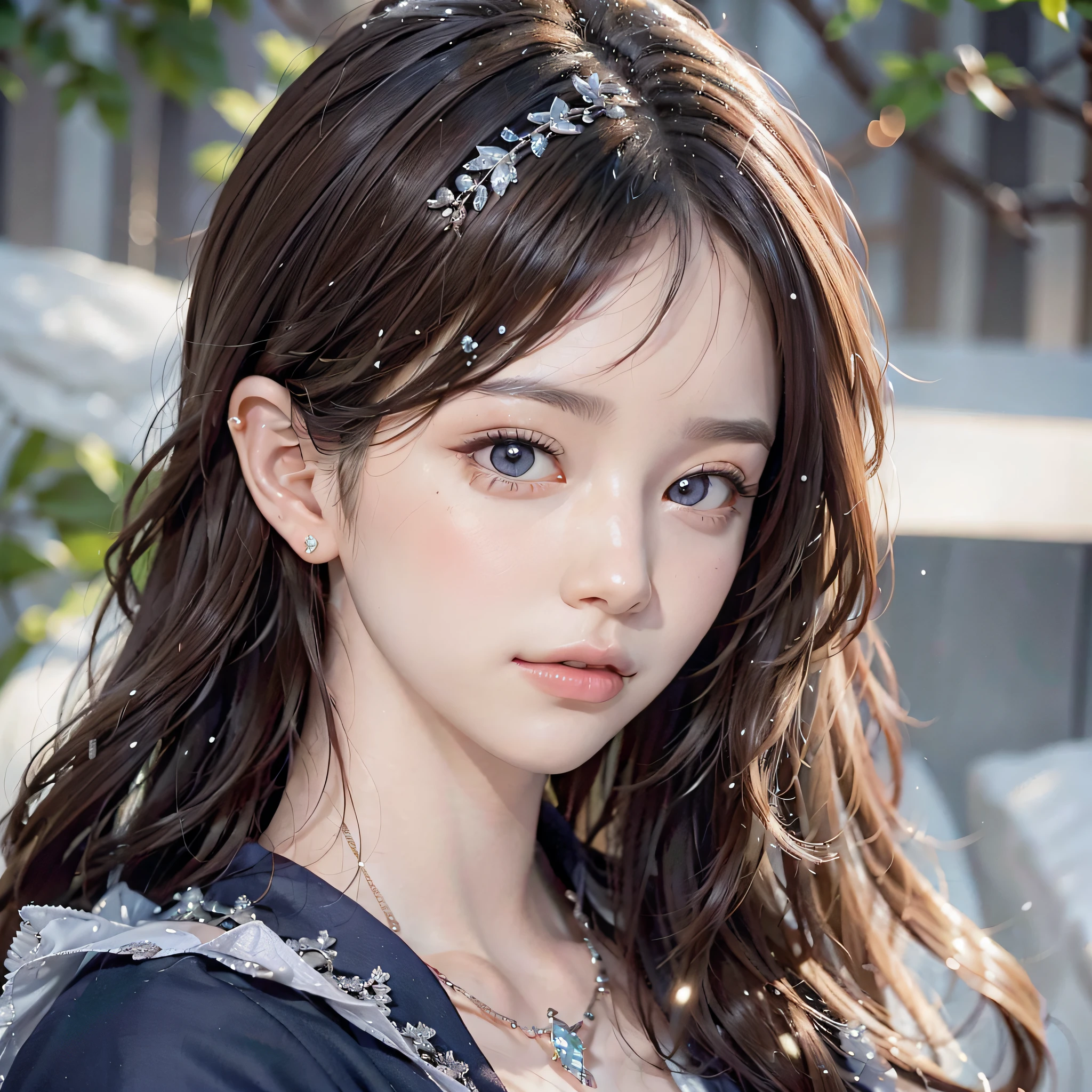 close up potrait of a young lady who has snow and silk like hair, and delicate skin, upper body, (extremely detailed eyes, nose, ears, lips, face), beautiful and crystal clear eyes