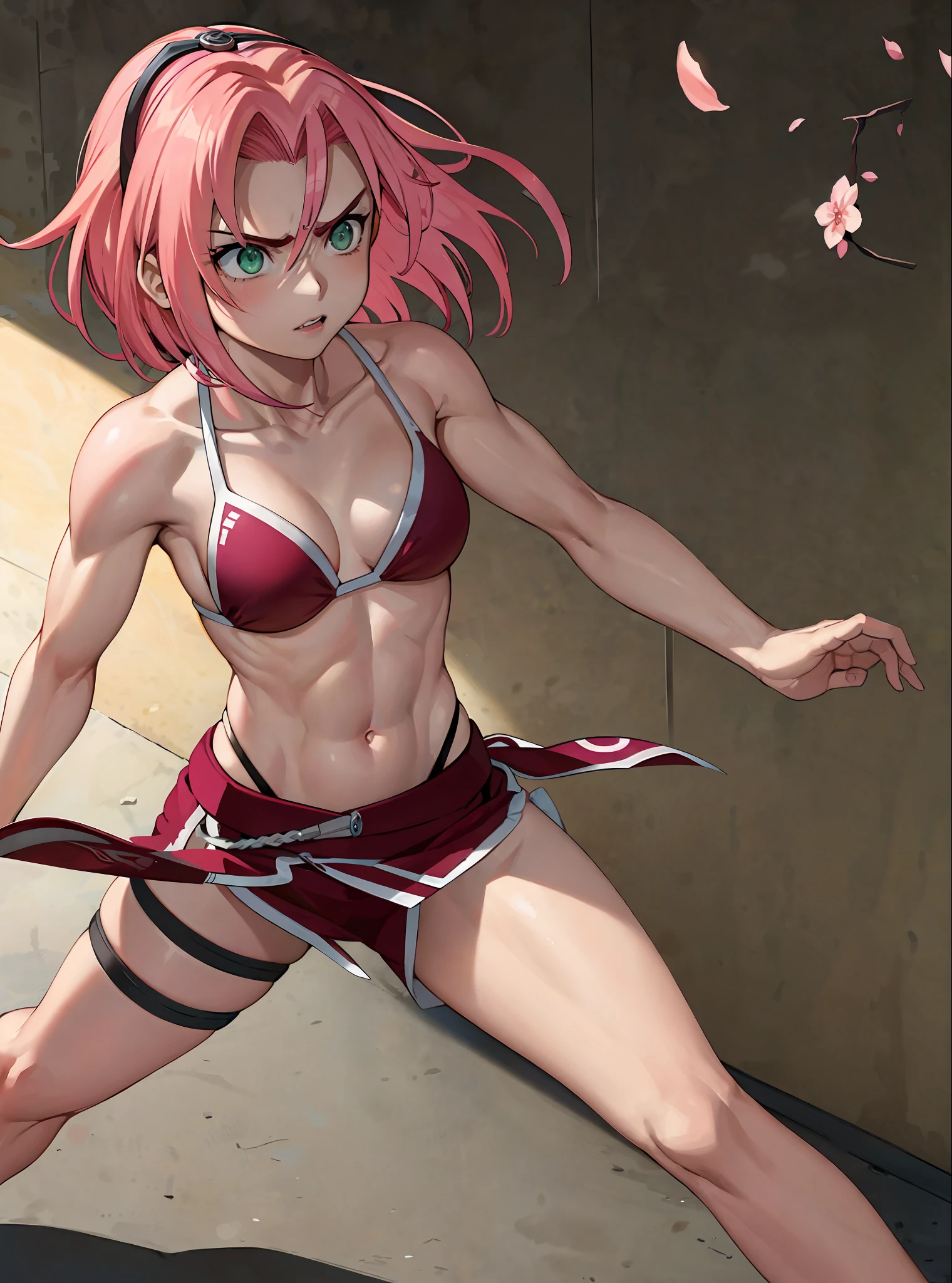 anime girl in a bikini and a tie with a sword, sakura haruno, haruno sakura, sakura haruno in slug sage mode, seductive anime girl, female action anime girl, badass pose, badass anime 8 k, sakura petals around her, sakura kinomoto, female anime character, beautiful anime girl squatting, most strongest pose, rogue anime girl