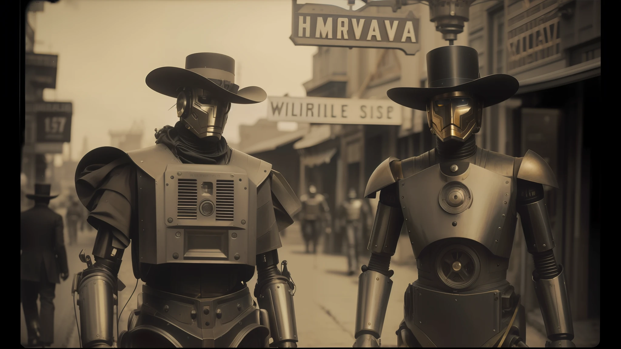 two robots dressed in costumes are walking down the street, 4 k wild west, daguerreotype photo, cgsociety ), dugeondraft, hats, cybernetic neck implant, comicpunk, wearing bullet-riddled armor, westworld style, golden computers, el dorado, two young men, fractalpunk