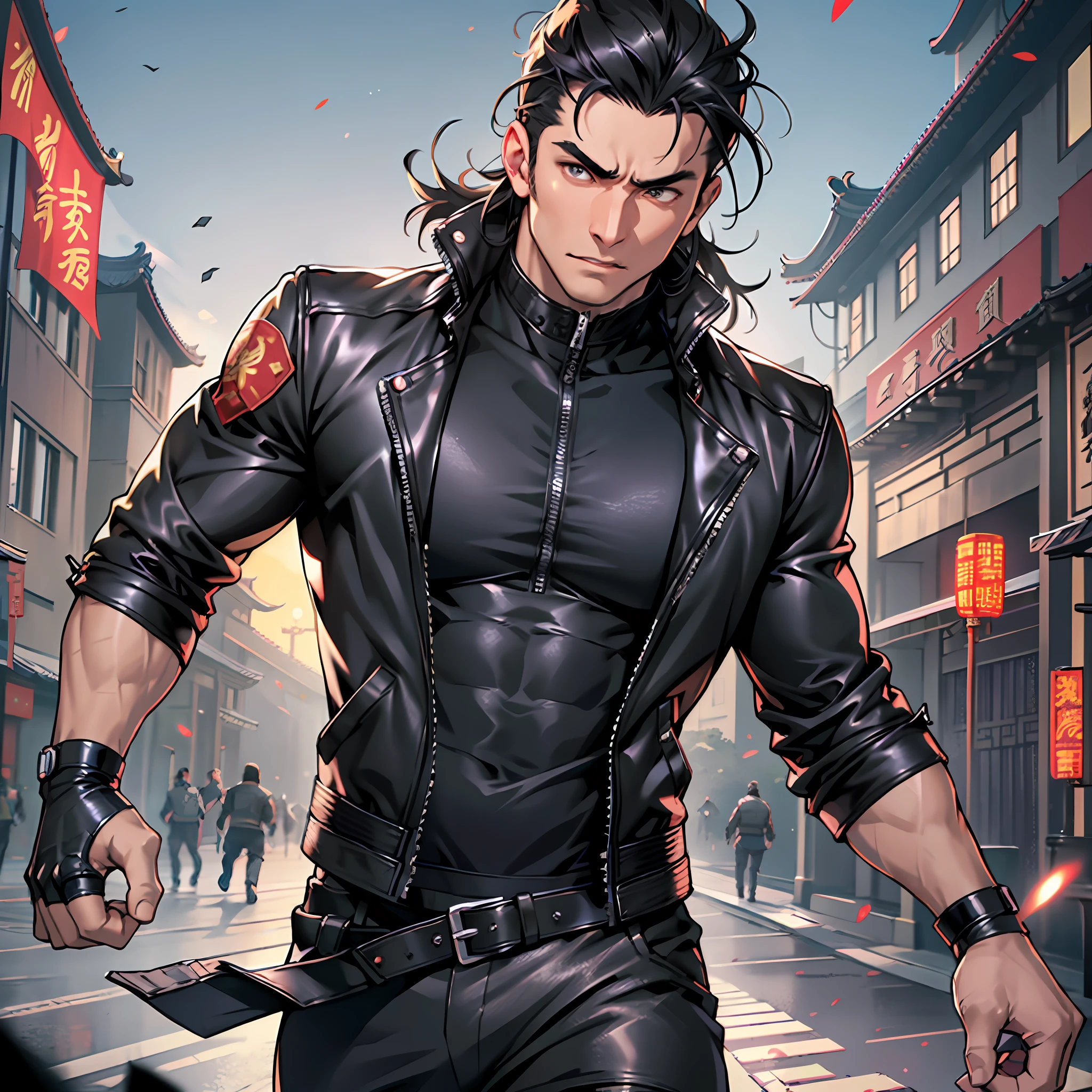 Best quality, ultra-fine quality, CG model 8k wallpaper, perfectly rendered, a muscular man dressed in black, black hair with detailed eyes, open leather jacket running to the camera, expression flustered, background of ancient Chinese imperial palace, brilliant light at night, set off the strong muscles of the protagonist, jacket details are amazing.