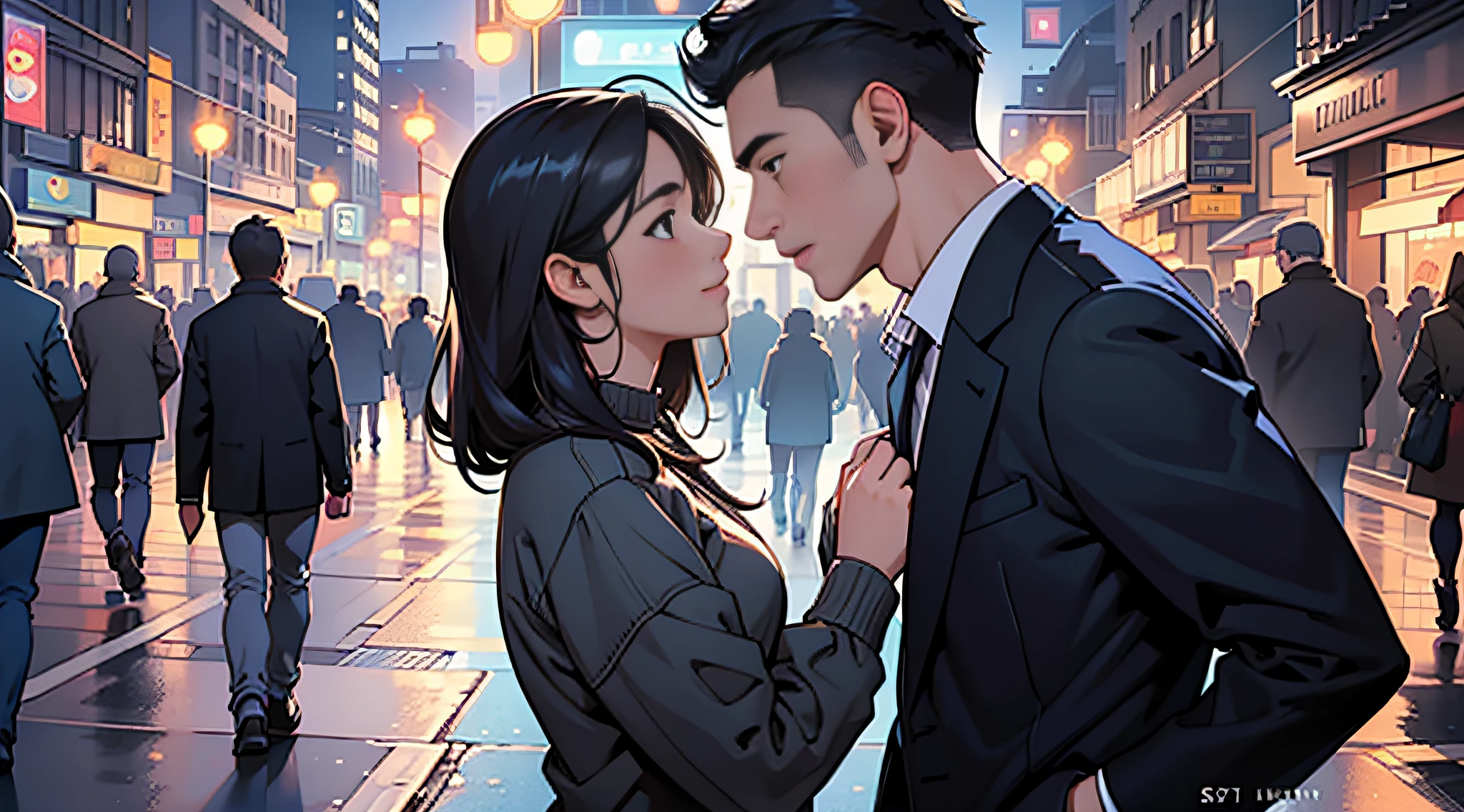 ((best quality)), ((ultradetailed)), ((masterpiece)), illustration, Theme: At night in the city, men and women meet, they look at each other quietly under a street lamp, their expressions reveal a touch of emotion and strangeness, resolution: 4K --auto --s2