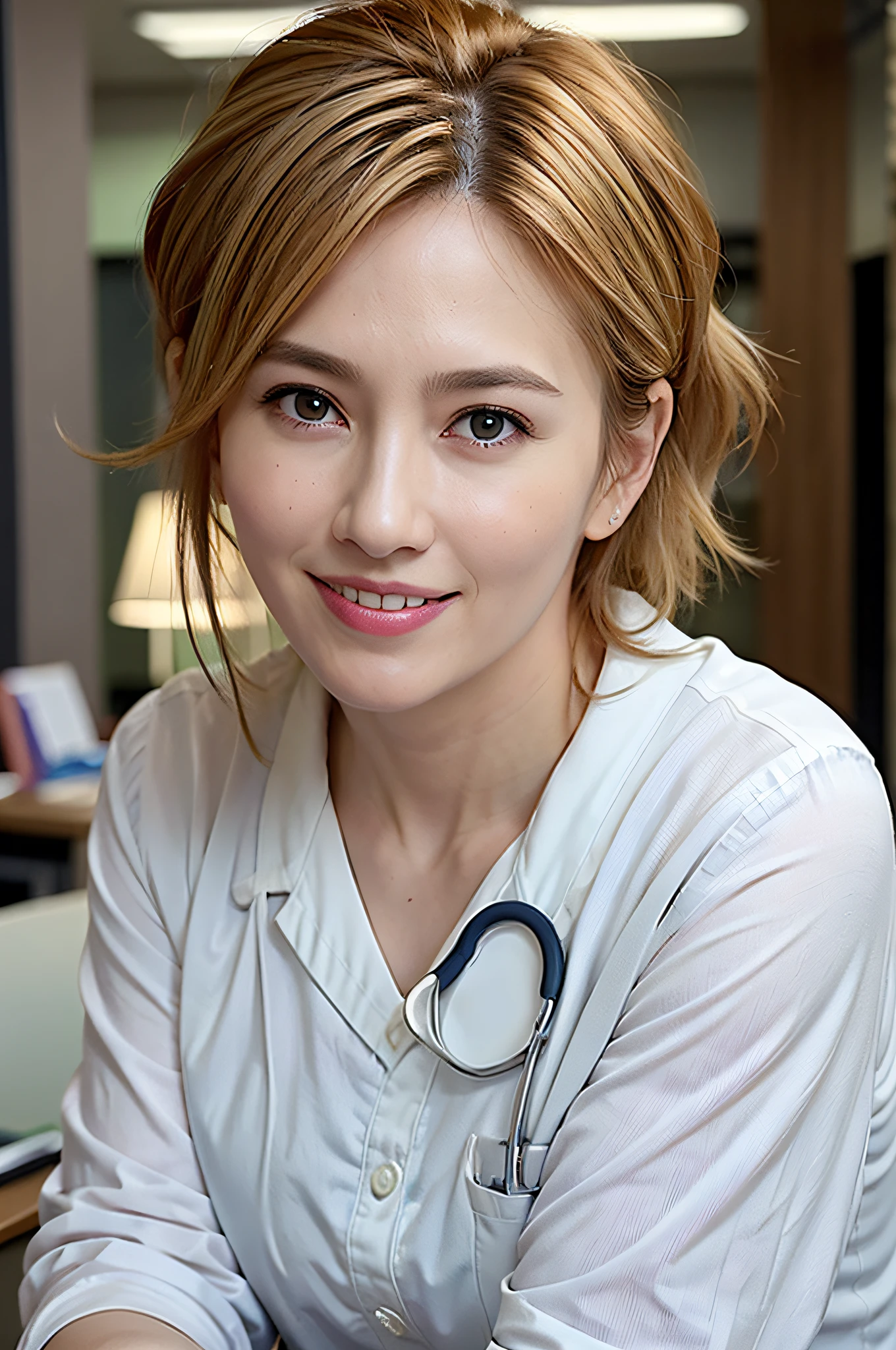 Masterpiece, high quality photo (realistic, photorealistic: 1.37), blonde hair, short fringe hair, brown eyes, female doctor, 28 years old, pink lips, light blue uniform, sitting in front of a desk in the hospital, wearing a stethoscope on his neck, reassuring smile, innocence, 100mm lens, (photorealistic), looking at the viewer, as a doctor, (complex details: 1.2), (masterpiece, : 1.3) ), (Best Quality: 1.4), (Ultra High Definition: 1.2), Ultra High Definition, (Detailed Eyes), (Detailed Facial Features), HDR, 8k Resolution, (Stethoscope), Far View, Floor Reflection, (Lens Flare: 1.4)