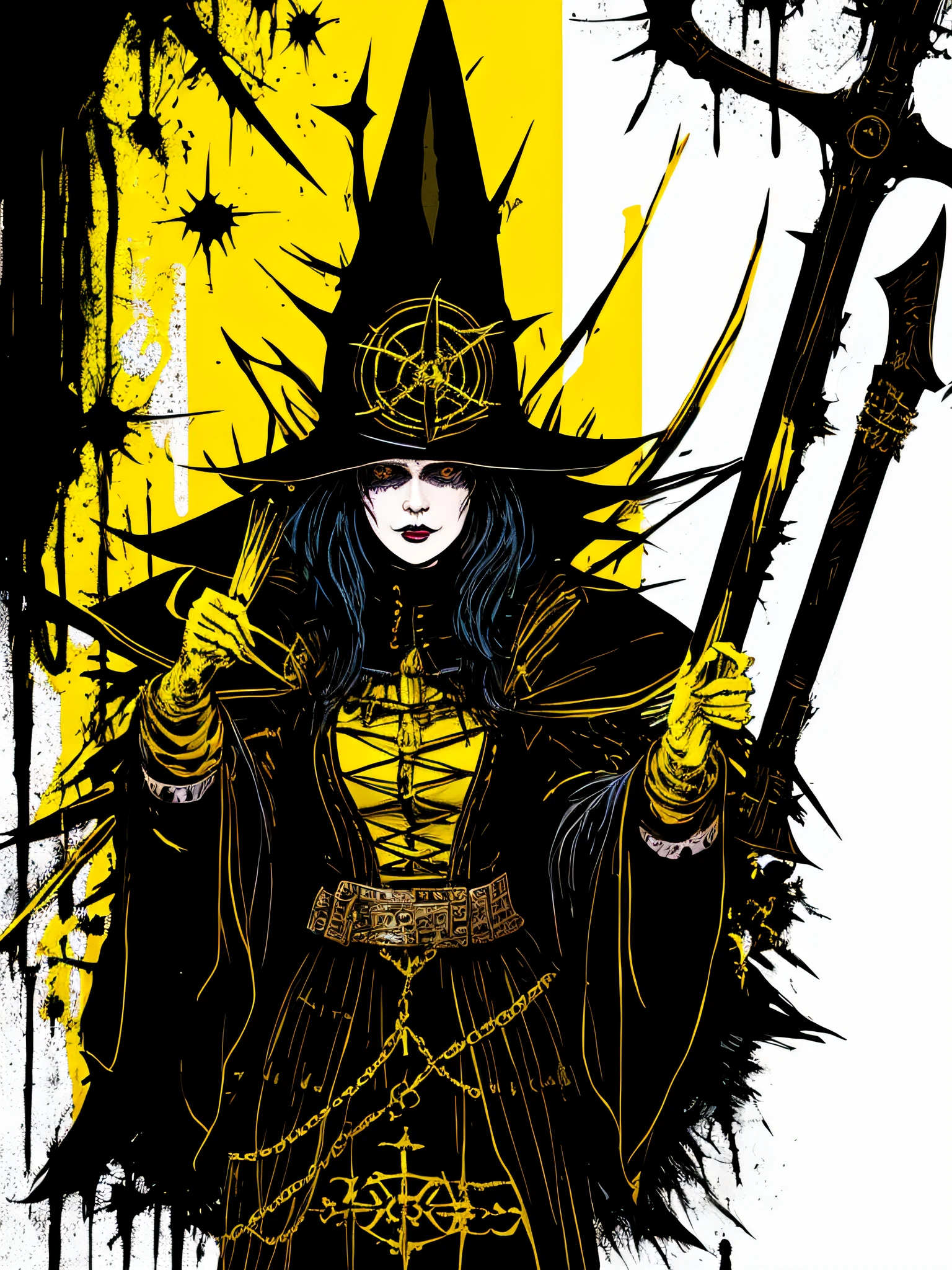 yellow and black, a medieval witch, in the style of Mork Borg, strong contrast, grunge dirty punk splash art, zine black metal