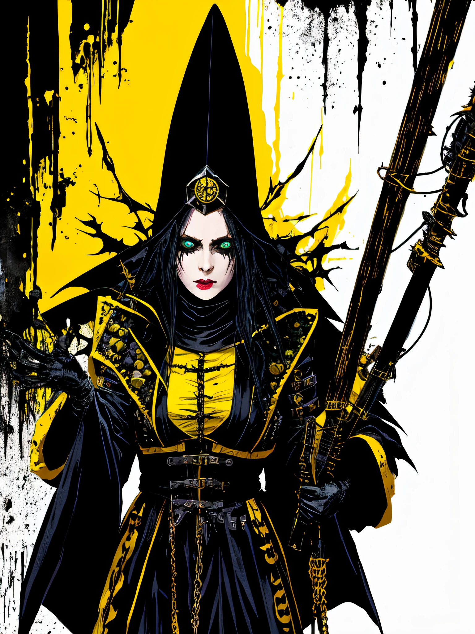 yellow and black, a medieval witch, in the style of Mork Borg, strong contrast, grunge dirty punk splash art, zine black metal