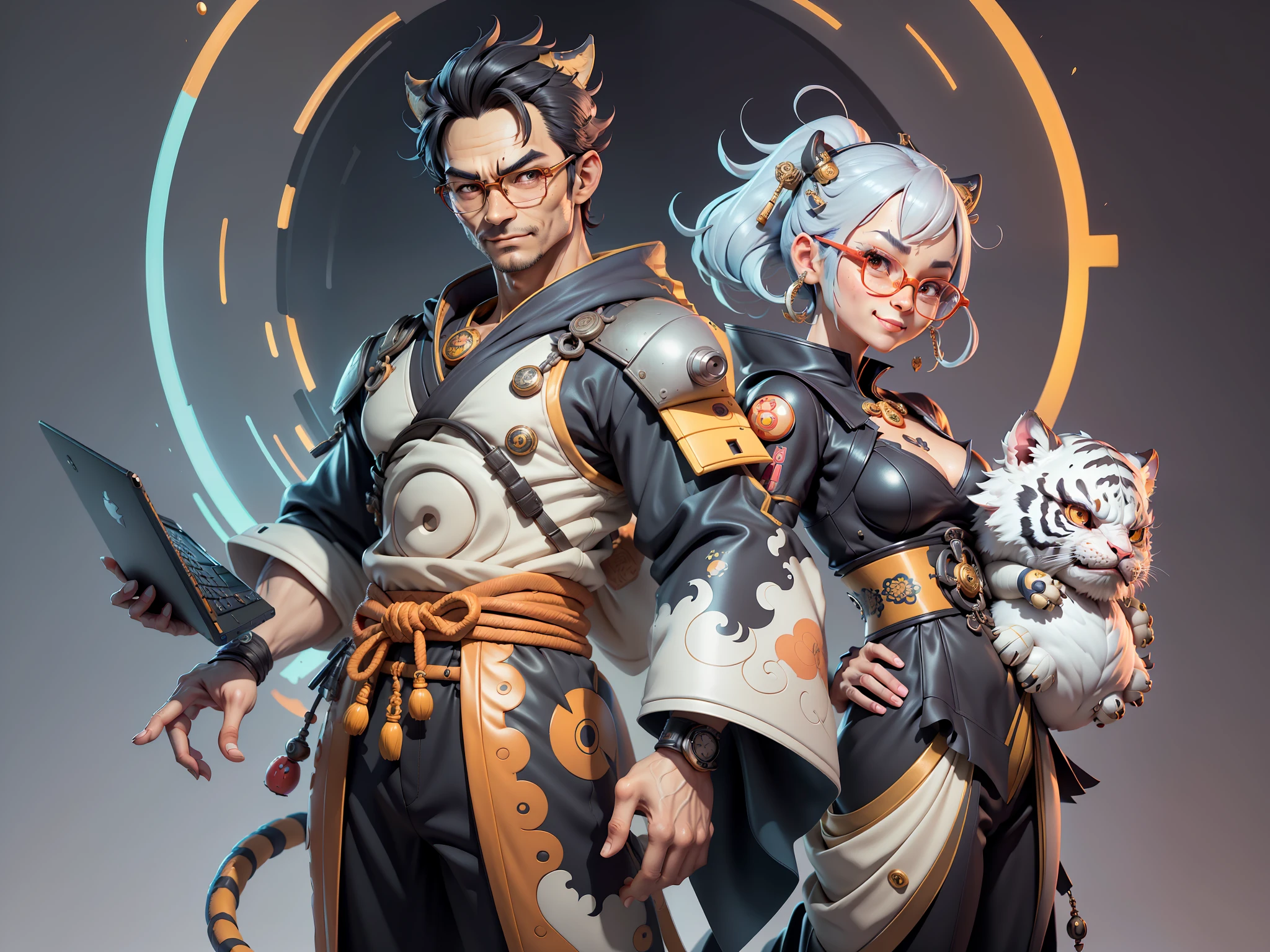 (Masterpiece), (Excellent), (Super Meticulous), (Full Body: 1.2), Super Young Man, Japanese Female Geisha, Beauty, Chinese Dragon, Tiger, Fengshen Thor, Sexy, Bursting, Oriental Face, TV Anchor, Bust Portrait Illustration, Black Suit, Blue Tie, Slightly Chubby Face, Silver Glasses, Clean Face, No Beard on Chin, Black Super Short Hair, Black Eyes, Confident Smile, 3c Computer Sub-Products, iPad, iPhone, Digital Painting, 3D character design by Mark Clairedon and Pixar and Hayao Miyazaki and Akira Toriyama, the illustrations are HD illustrations in 4K resolution with highly detailed facial features and cartoon-style visuals.