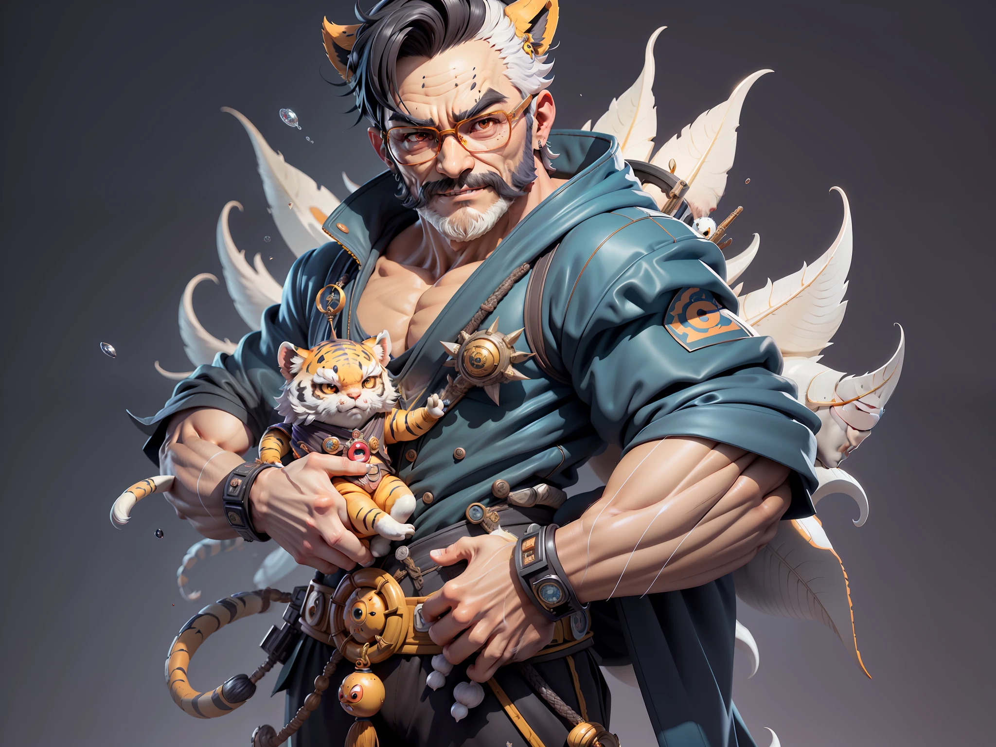 (Masterpiece), (Excellent), (Super Meticulous), (Full Body: 1.2), Super Young Man, Japanese Female Geisha, Beauty, Chinese Dragon, Tiger, Fengshen Thor, Sexy, Bursting, Oriental Face, TV Anchor, Bust Portrait Illustration, Black Suit, Blue Tie, Slightly Chubby Face, Silver Glasses, Clean Face, No Beard on Chin, Black Super Short Hair, Black Eyes, Confident Smile, 3c Computer Sub-Products, iPad, iPhone, Digital Painting, 3D character design by Mark Clairedon and Pixar and Hayao Miyazaki and Akira Toriyama, the illustrations are HD illustrations in 4K resolution with highly detailed facial features and cartoon-style visuals.