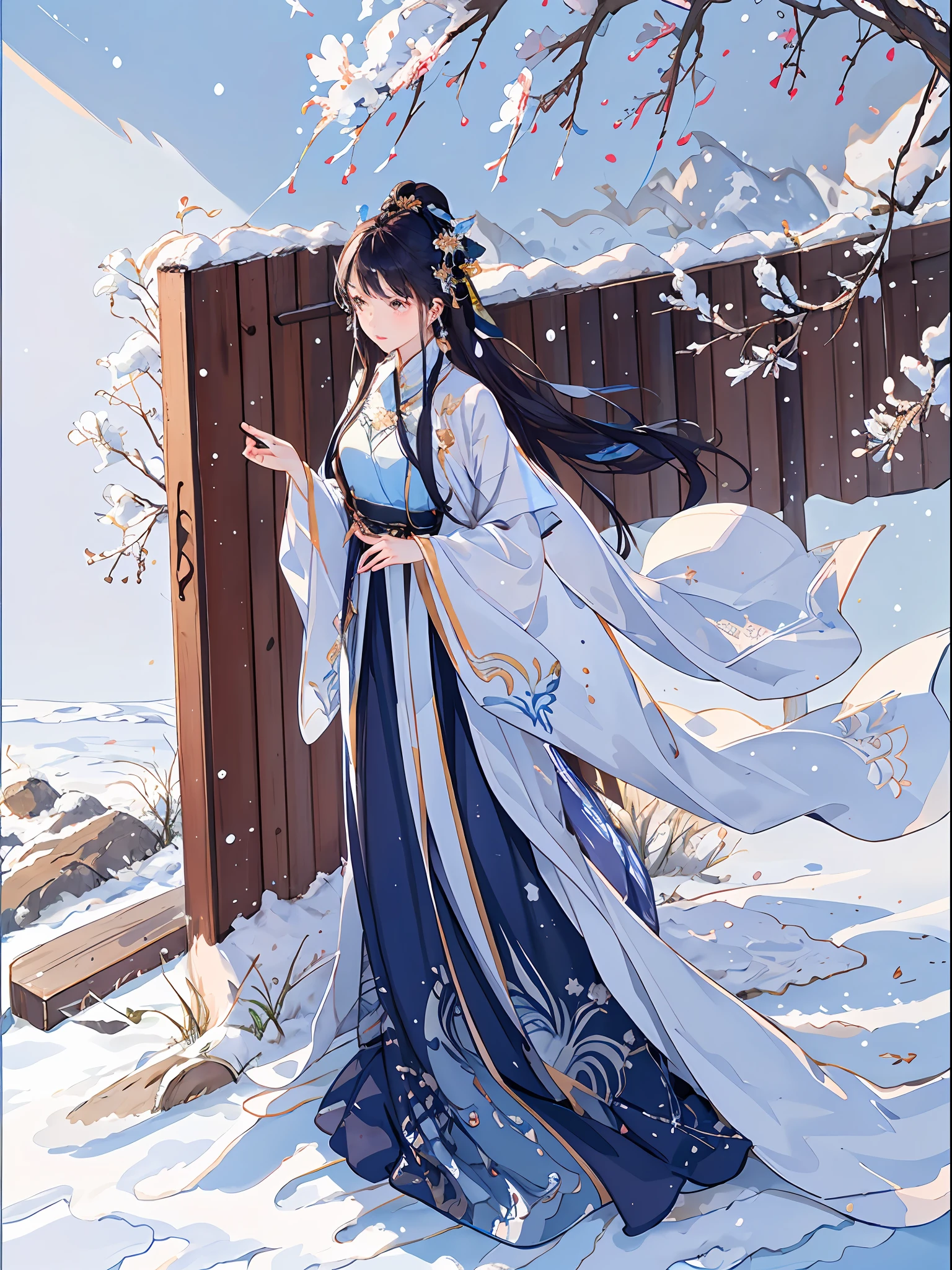 Best quality, intricate details, high resolution, (beautiful details water: 1.4), (Hanfu fox cape,), 1 gentle woman, delicate facial features, eyes wrapped in white gauze, whole body, standing posture, snowy days, flying snow