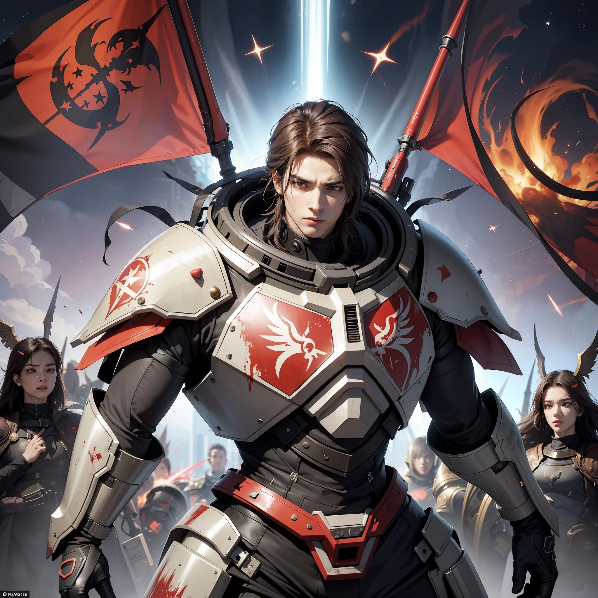 Ayast is a male interstellar warrior from 3099 AD who wears the 'Cerberus' power armor and is painted with the livery of the Holy Blood Angel. He held the Third Army flag in his left hand and shot at the swarm with a Gauss shotgun in his right hand. His abdomen was pierced by Zerg bone spurs, and the blood flowed nonstop. But he still raised his head to the sky and fought hard