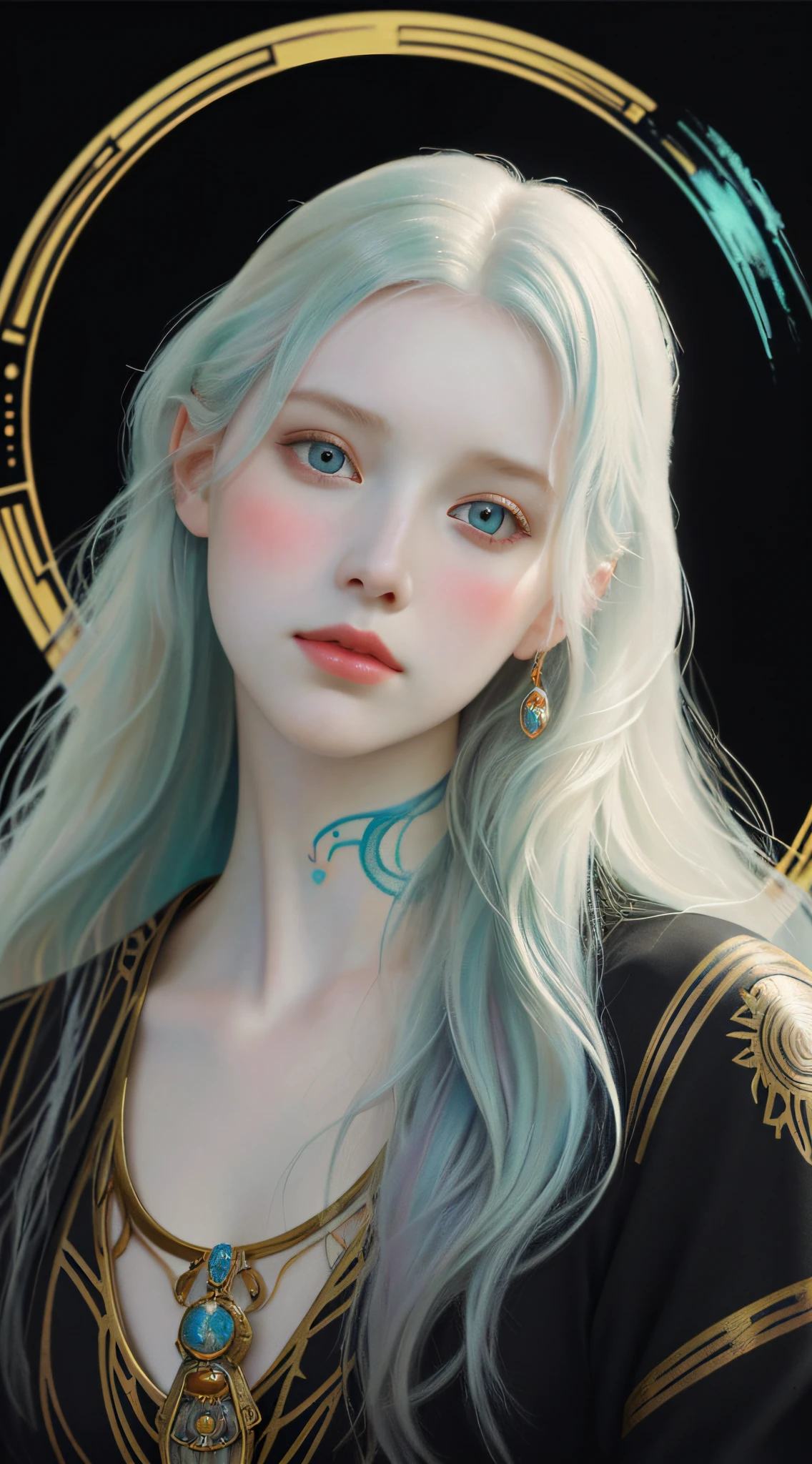 masterpiece, water color painting style, illustration, abstract, pastel colors, bright eyes, pale skin, (((elegant woman face art))), gorgeous, long messy colored hair, detailed face, abstract cosmic details, colorful, golden ratio, intricate, ((minimalist black background)), soft light, shadows, 12k resolution, best quality, high detailed, UHD, cinematic production, black background, trending on artstation, highly production, painting by Alphonse Mucha