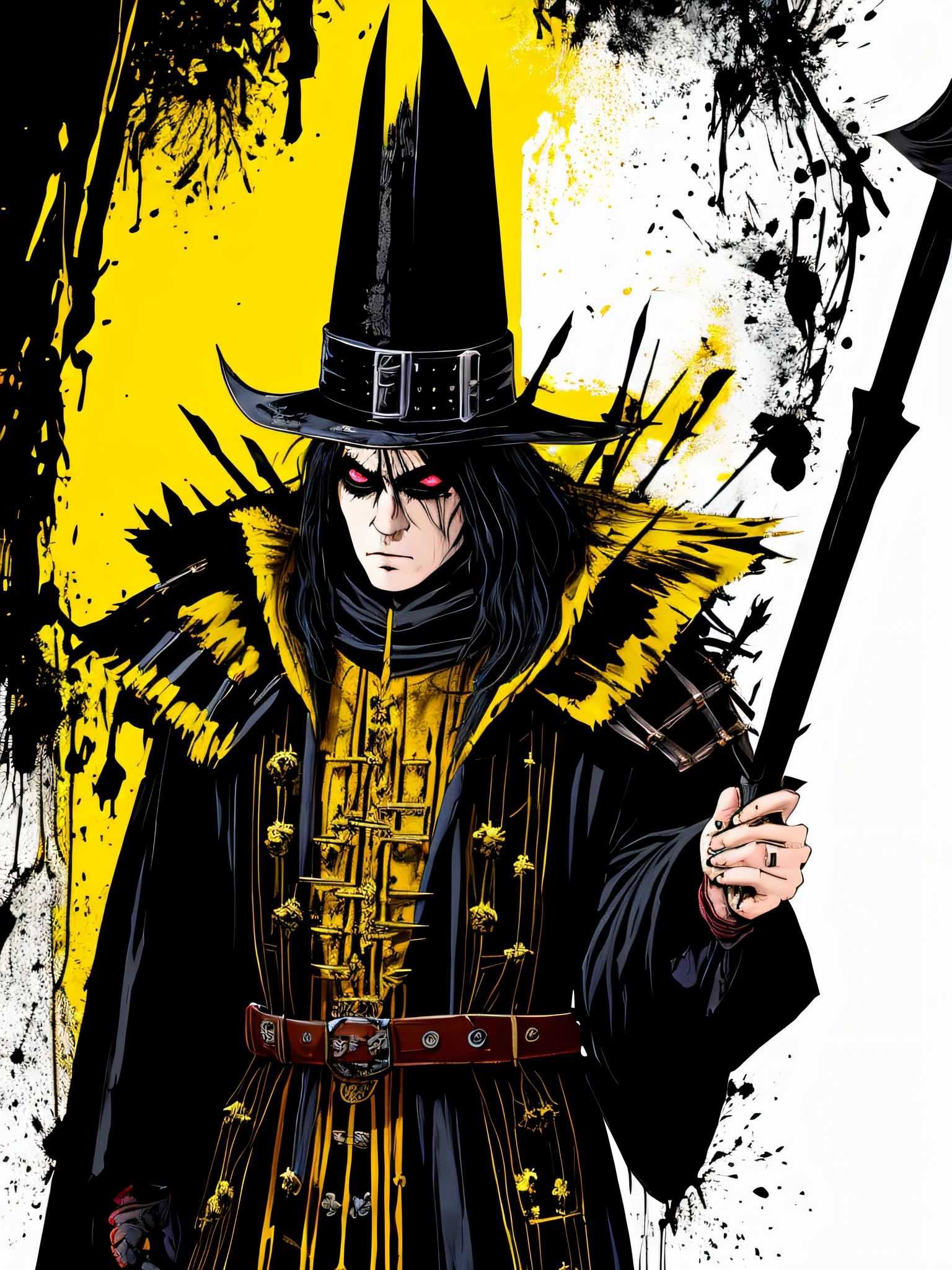 yellow and black, a medieval sorcerer, in the style of Mork Borg, strong contrast, grunge dirty punk splash art, zine black metal