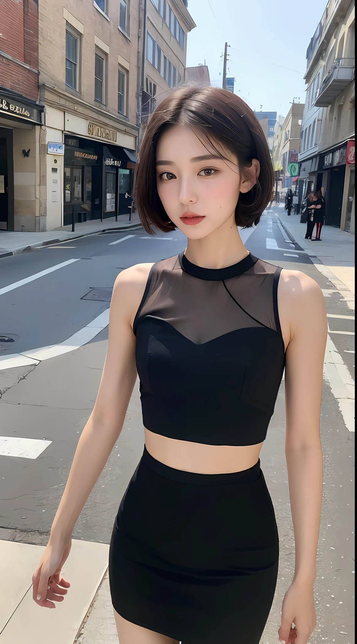 ((Best Quality, 8K, Masterpiece:1.3)), 1girl, Slim Abs Beauty:1.3, (Short hairstyle, ), Black wedding dress: 1.1, Super fine face, Fine eyes, Double eyelids, Street view,,