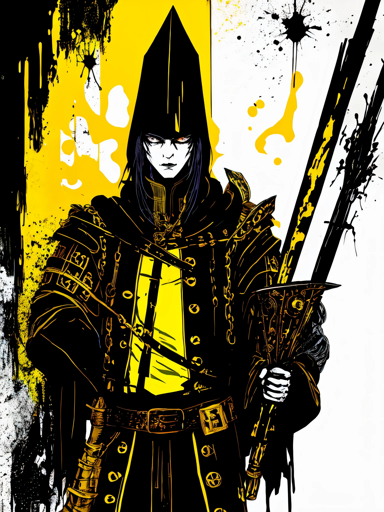 yellow and black, a medieval sorcerer, in the style of Mork Borg, strong contrast, grunge dirty punk splash art, zine black metal