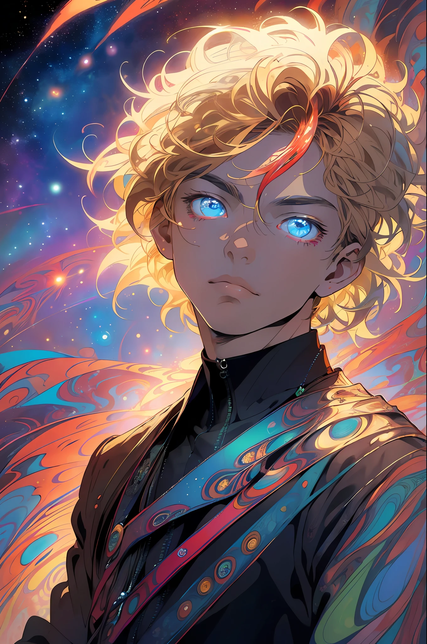 Realistic, (Masterpiece, Top Quality, Best Quality, Official Art, Beauty and Aesthetics: 1.2), Very Detailed, Fractal Art, Colorful, Most Detailed, Zentangle, (Abstract Background: 1.5) (1boy: 1.3), God, Blonde Hair, Short Hair, (Glowing Blue Eyes), Mysterious, Starry Sky, Handsome Man, (((Lycoris radiata)))