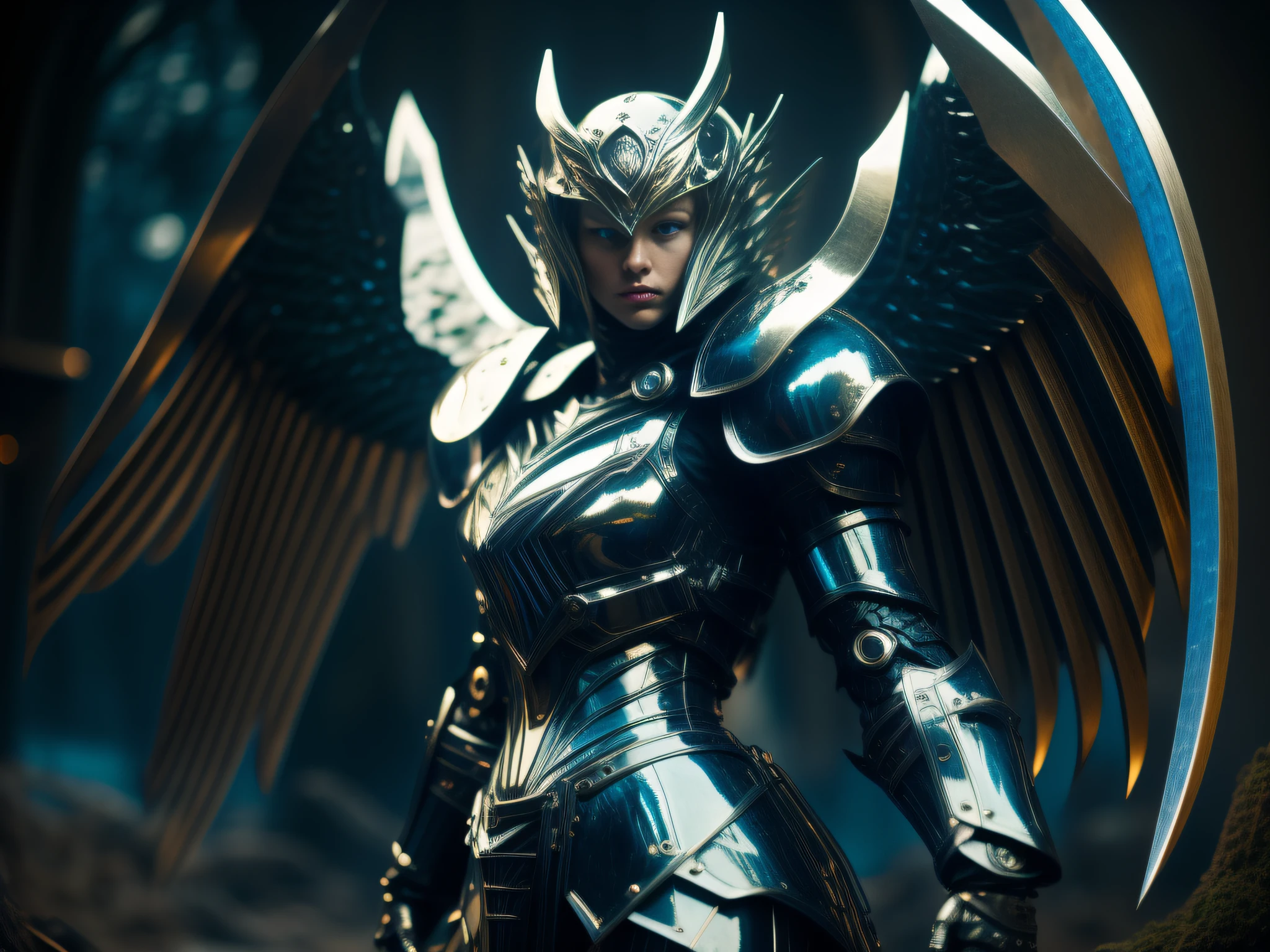 scantily clad woman, curly-haired blonde, blue eyes, black armor, metal wings, sword in hands, futuristic background, dark place illuminated only by moonlight, in an apocalyptic place, detailed photo, realistic photo, high quality realistic, correct face, correct details, correct blurry image, 3d, dark armor, dark background, apocalyptic senary, scene with the character aside,  small blue rays coming out of the body