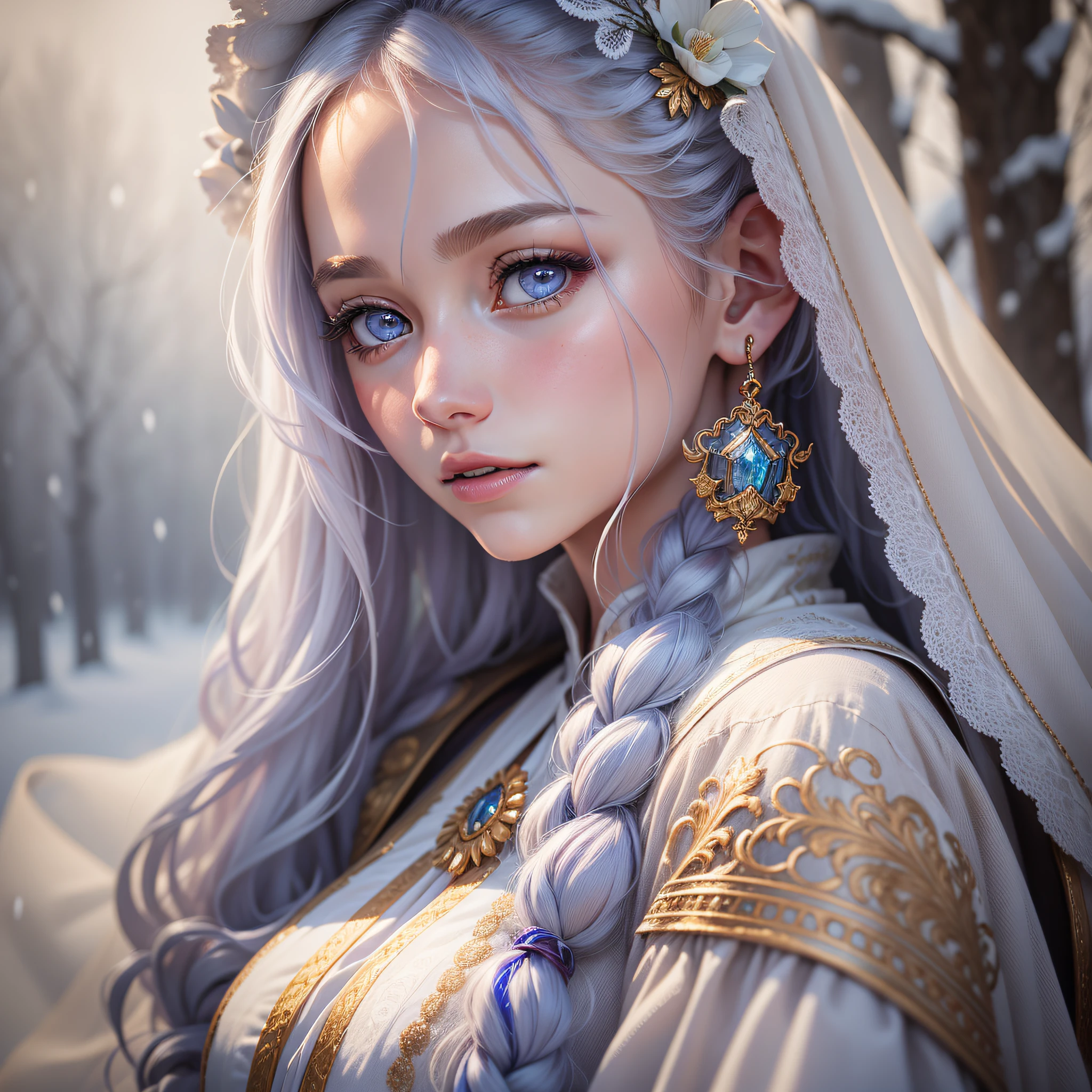 close up potrait of a young lady who has snow color and silk like hair, and delicate skin, upper body, (extremely detailed eyes, nose, ears, lips, face), beautiful and crystal clear eyes