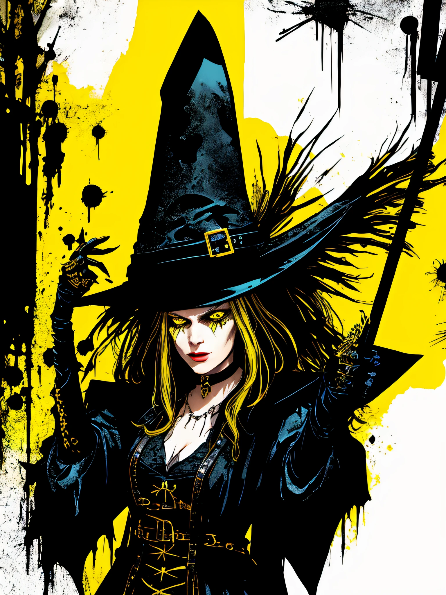 yellow and black, a medieval witch, in the style of Mork Borg, strong contrast, grunge dirty punk splash art, zine black metal