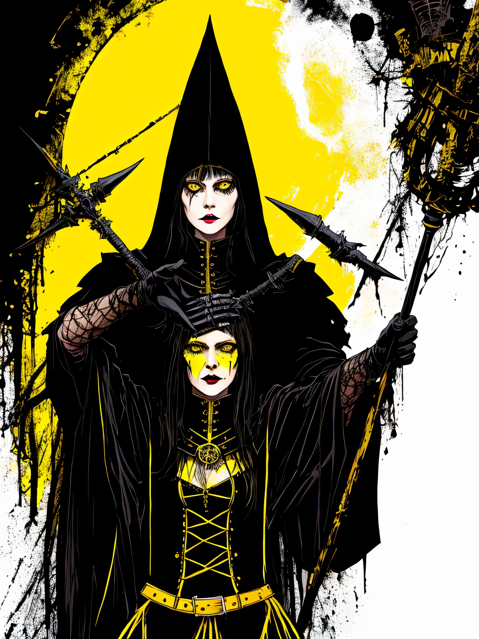 yellow and black, a medieval witch, in the style of Mork Borg, strong contrast, grunge dirty punk splash art, zine black metal