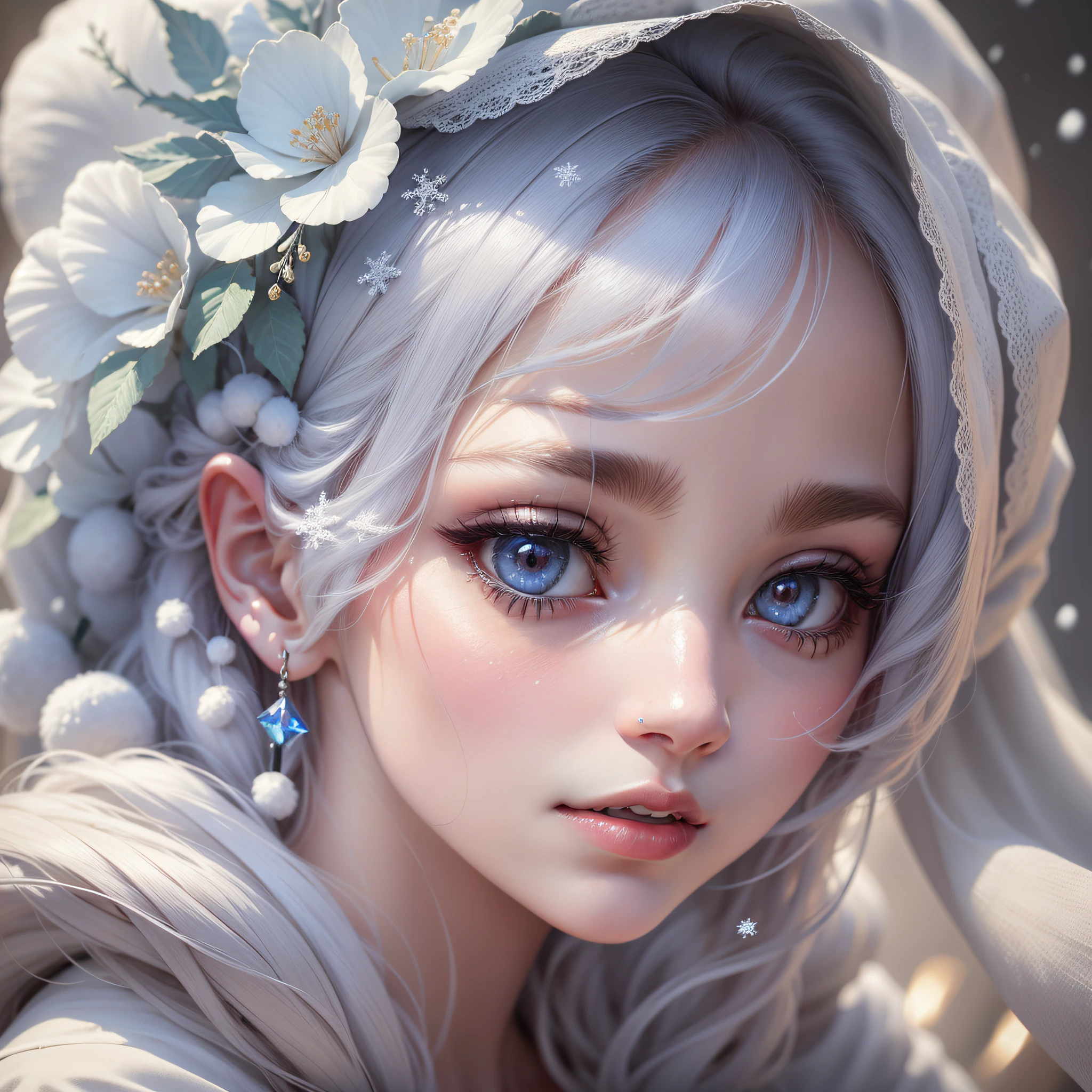 close up potrait of a young lady who has snow color and silk like hair, and delicate skin, upper body, (extremely detailed eyes, nose, ears, lips, face), beautiful and crystal clear eyes