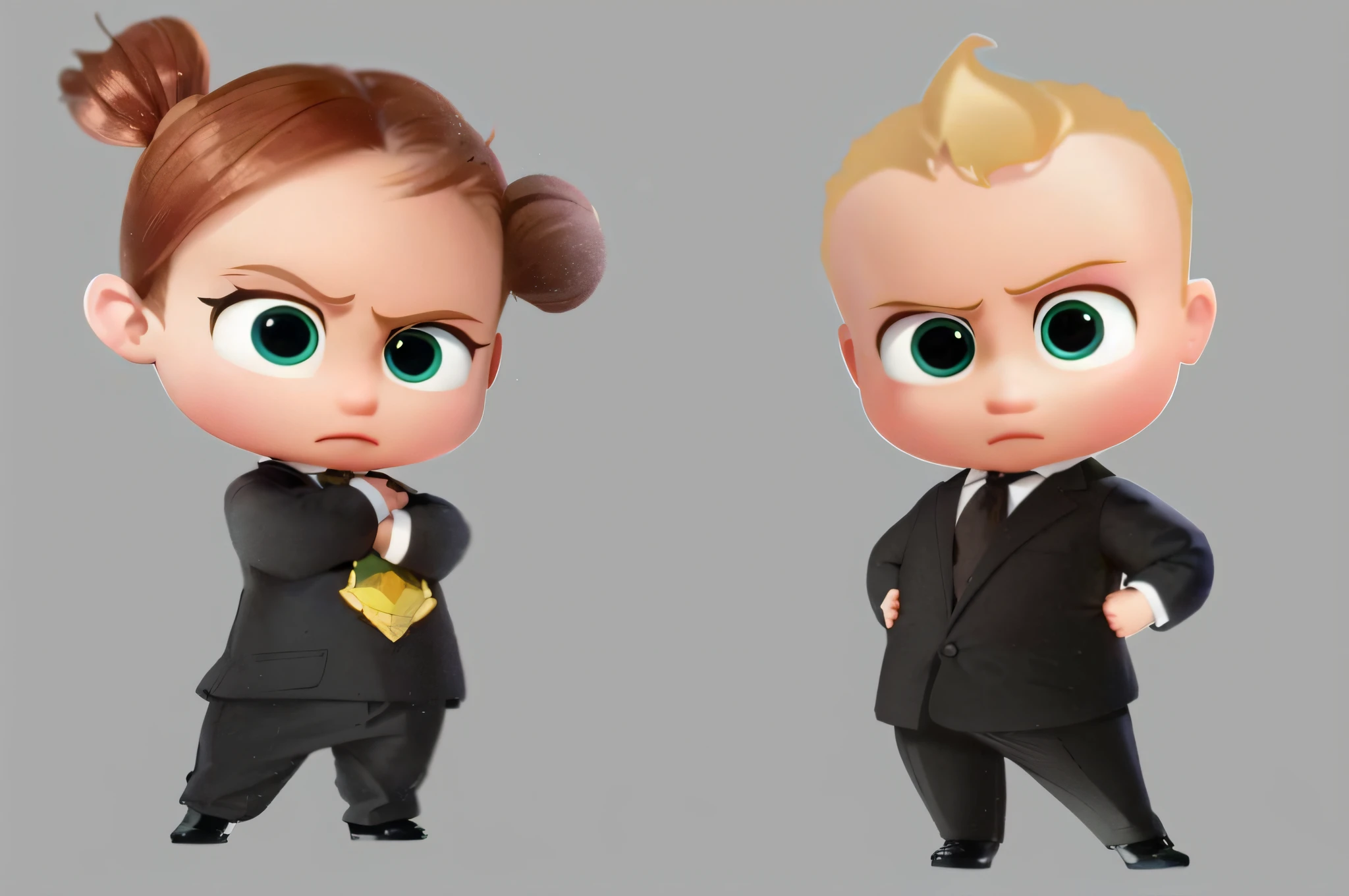 Close up of cartoon characters of a man and a woman, human , barron trump, serious business, cartoon style, character merger, 3d characters, serious face, background, future, 2d CG, animated movie, next generation, solid color background, q posket, two characters, characters 8k symmetry, official rendering, animated film, man short hair, man standing with chest hugging, woman double ponytail, woman standing cross-waist