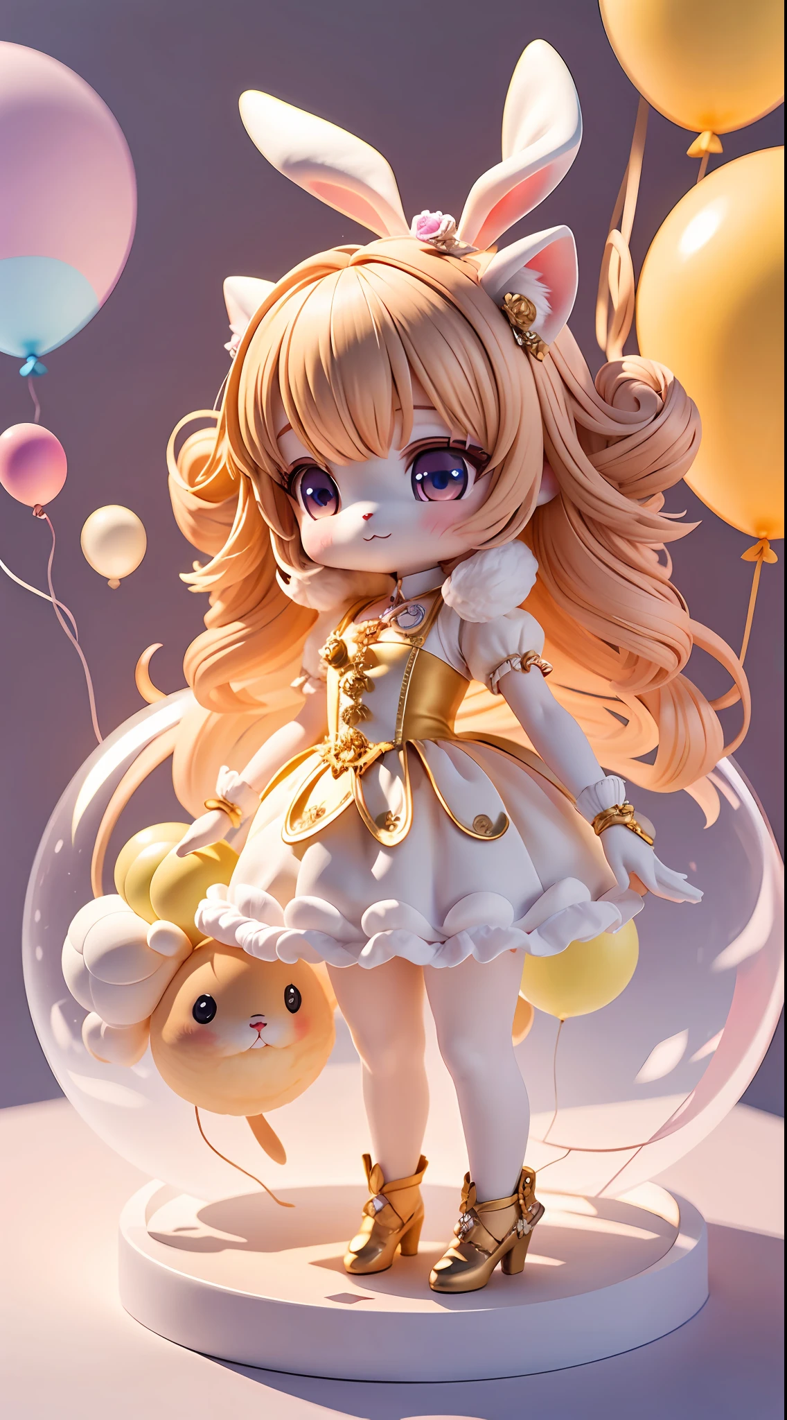 Rabbit, Furry, Fluffy, Soft ((Best Quality)), ((Masterpiece)), ( Extreme Detail, Supreme Detail, Official Art, Beauty and Aesthetics: 1.2), Depth of Field, Composition Full Body, (Chibi), (Beautiful and Detailed Eyes: 1.3), (Very Happy: 1) (Colorful Transparent Balloon)