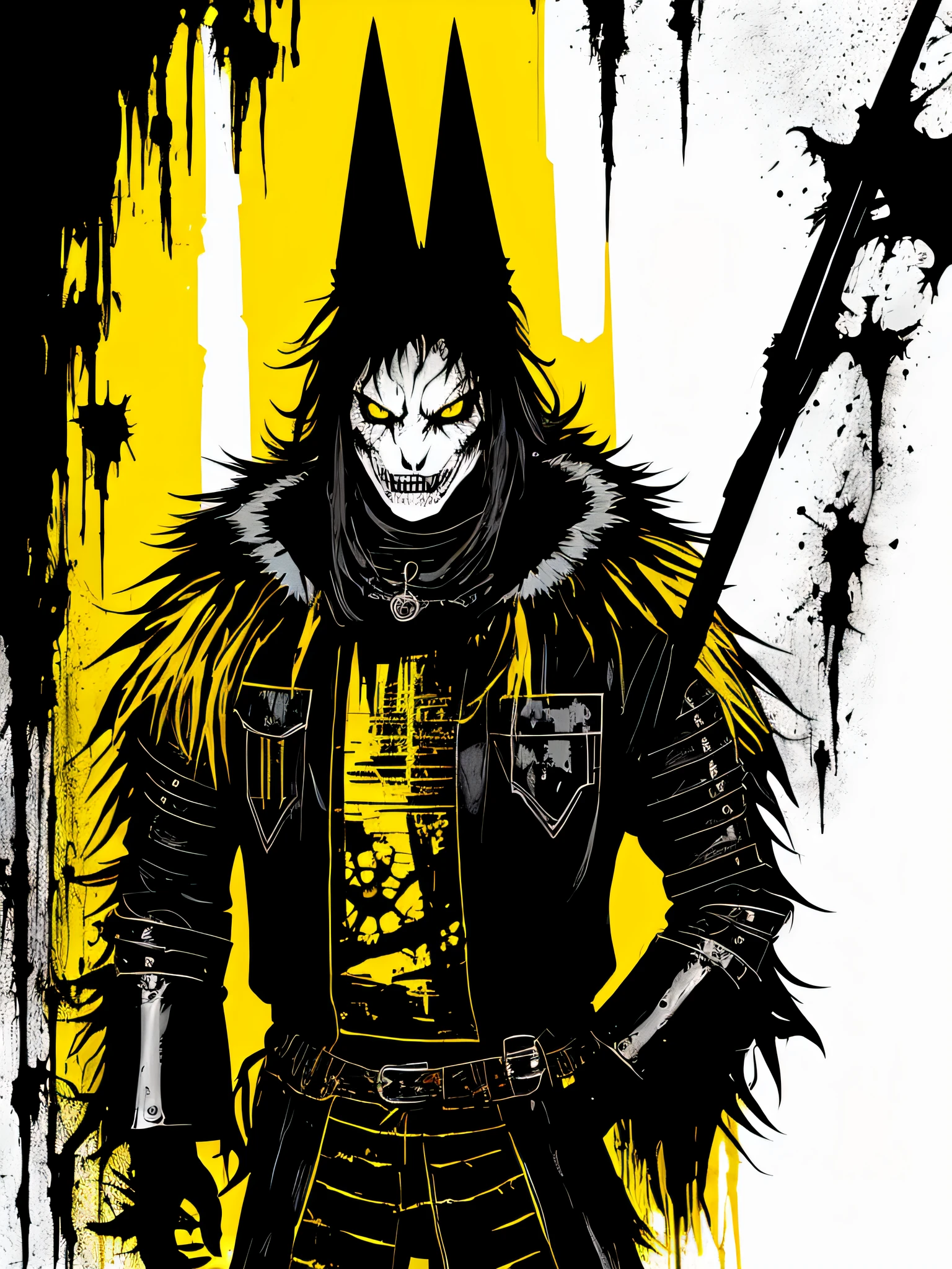 yellow and black, a medieval Werewolf, in the style of Mork Borg, strong contrast, grunge dirty punk splash art, zine black metal