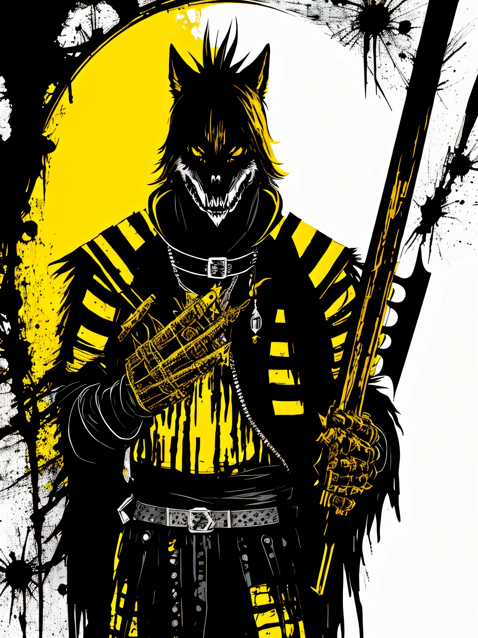 yellow and black, a medieval Werewolf, in the style of Mork Borg, strong contrast, grunge dirty punk splash art, zine black metal