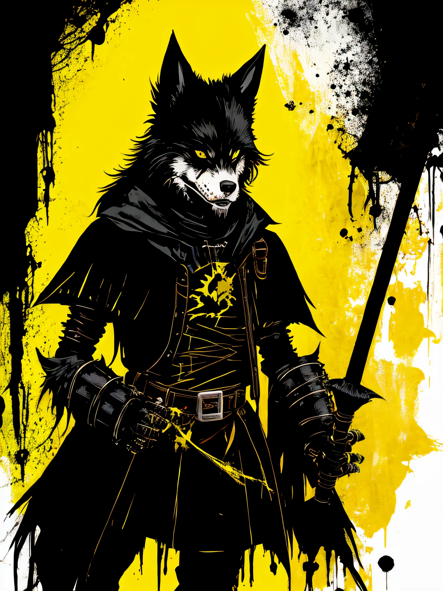 yellow and black, a medieval Werewolf, in the style of Mork Borg, strong contrast, grunge dirty punk splash art, zine black metal