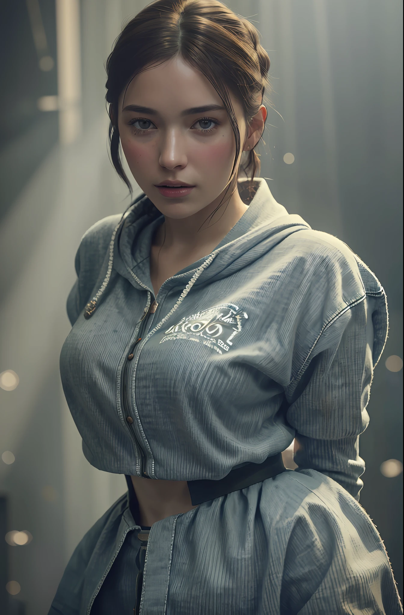 ultra highly detailed 1200k An image of a humble and happy 20 year old woman in tattered work clothes and a blotchy face and tousled hair, hyper realistic fantasy photography is all the rage on artstation, clear focus, studio photography, WLOP and Silver Ai Art, stunning masterpiece, fantasy art, fantasy visual key, fantasy photography, sunbeams, cinematic lighting, beautiful, 101K ultra detailed resolution, 3D shading, Unreal Engine 5, sf, trending on artstation, focus sharp, studio shot, intricate detail, highly detailed, by greg rutkowski