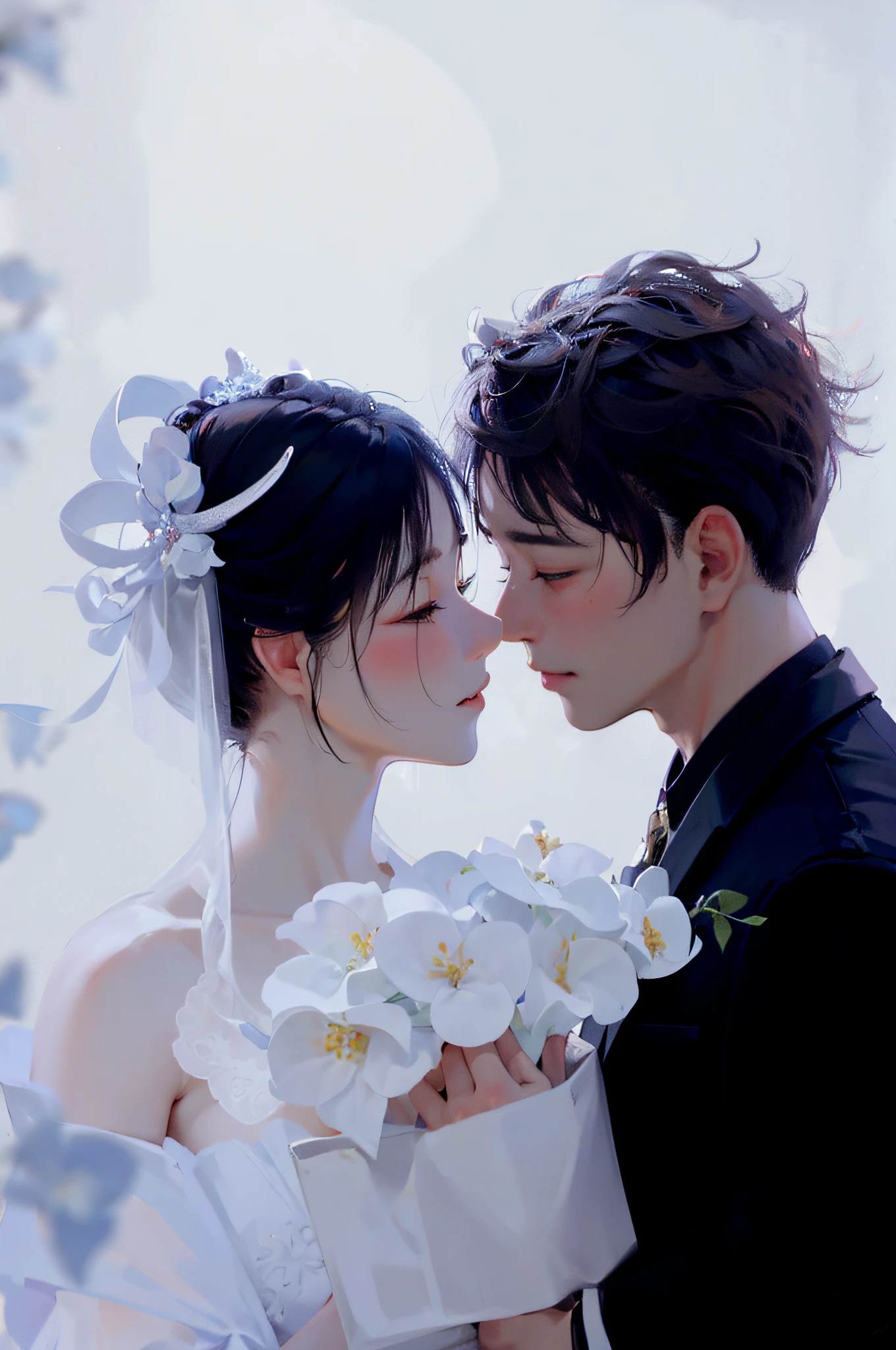 bride and groom in wedding attire standing close together with white flowers, ruan jia and fenghua zhong, wedding photo, still from the movie, movie promotional image, zezhou chen, film promotional still, wu liu, ji-min, yan, ruan jia and brom, ruan jian, mingchen shen, su fu, kissing together cutely