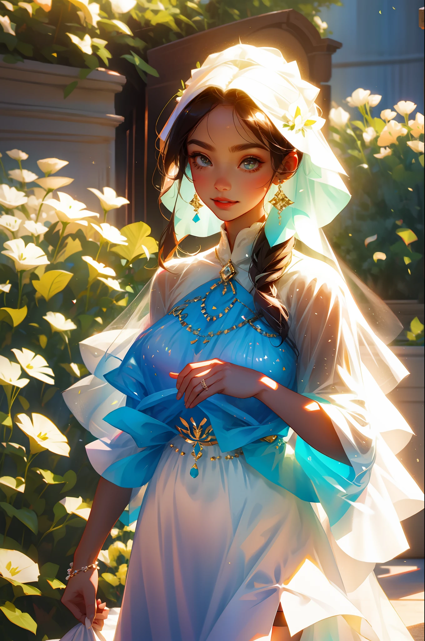 girl in a wedding dress, delicita smile, sunlight on half of her face