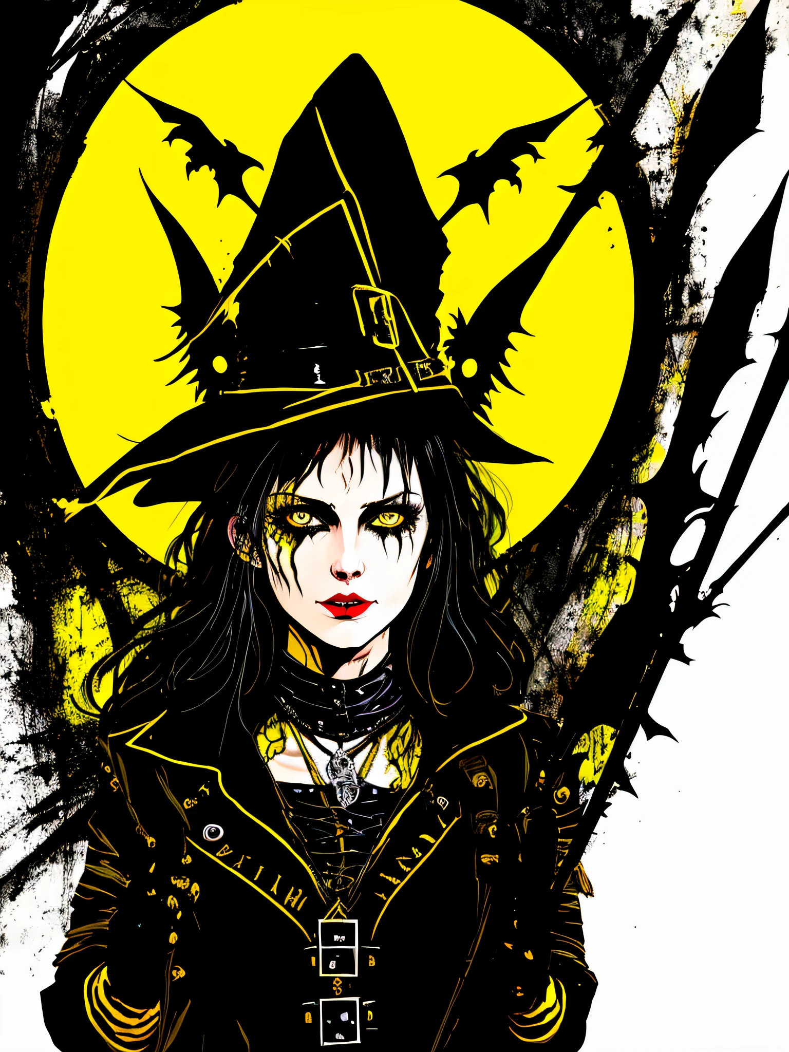 yellow and black, a medieval witch, in the style of Mork Borg, strong contrast, grunge dirty punk splash art, zine black metal