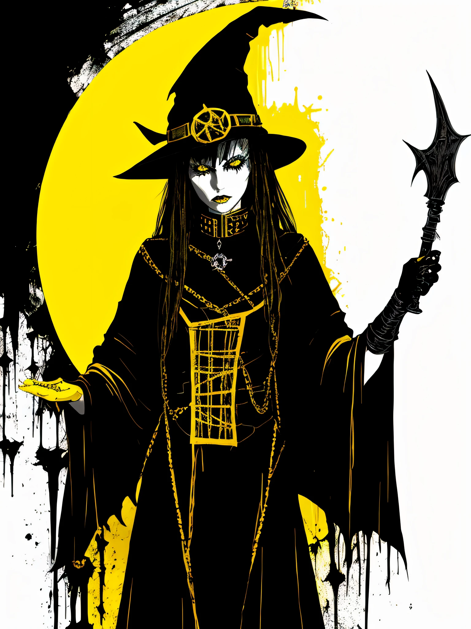 yellow and black, a medieval witch, in the style of Mork Borg, strong contrast, grunge dirty punk splash art, zine black metal