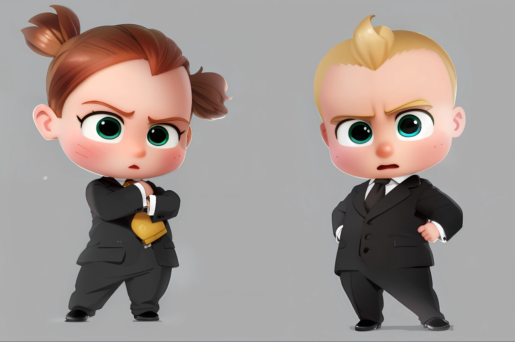 Close up of cartoon characters of a man and a woman, human baby, barron trump, serious business, cartoon style, character merger, 3d characters, serious face, background, future, 2d CG, animated movie, next generation, solid color background, q posket, two characters, characters 8k symmetry, official rendering, animated film, man short hair, man standing with chest hugging, woman double ponytail, woman standing cross-waist