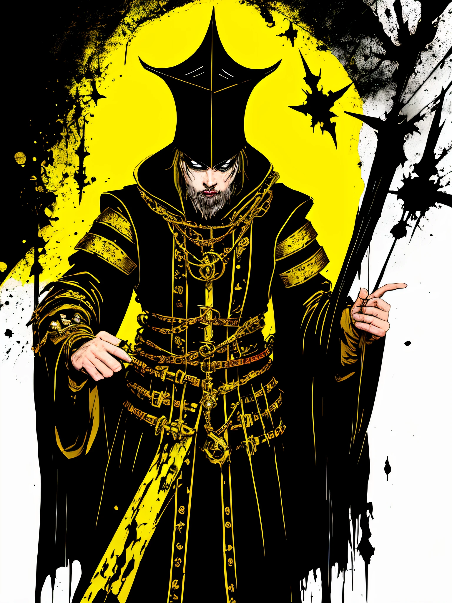 yellow and black, a medieval sorcerer, in the style of Mork Borg, strong contrast, grunge dirty punk splash art, zine black metal