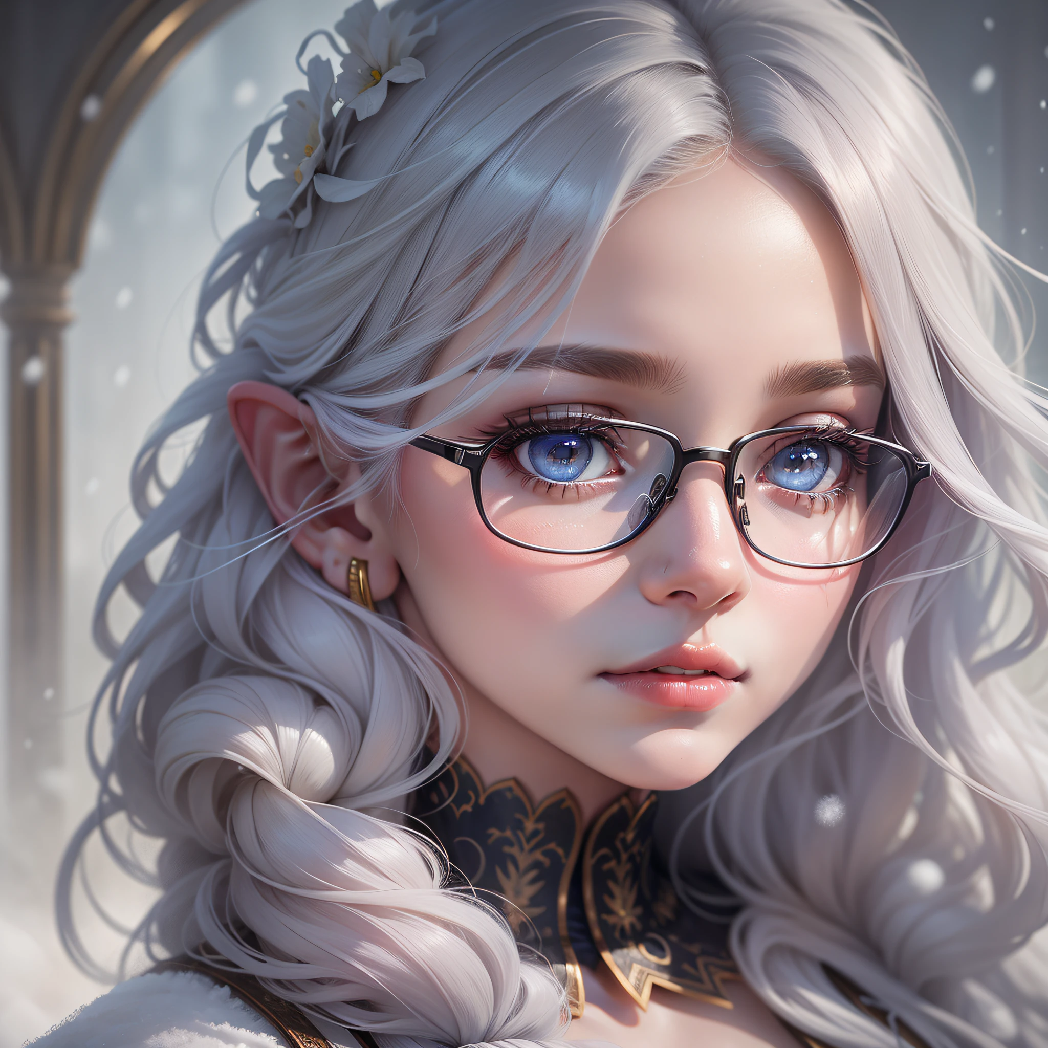 close up potrait of a young lady who has snow color and silk like hair, and delicate skin, upper body, (extremely detailed eyes, nose, ears, lips, face), beautiful and crystal clear eyes wearing glasses