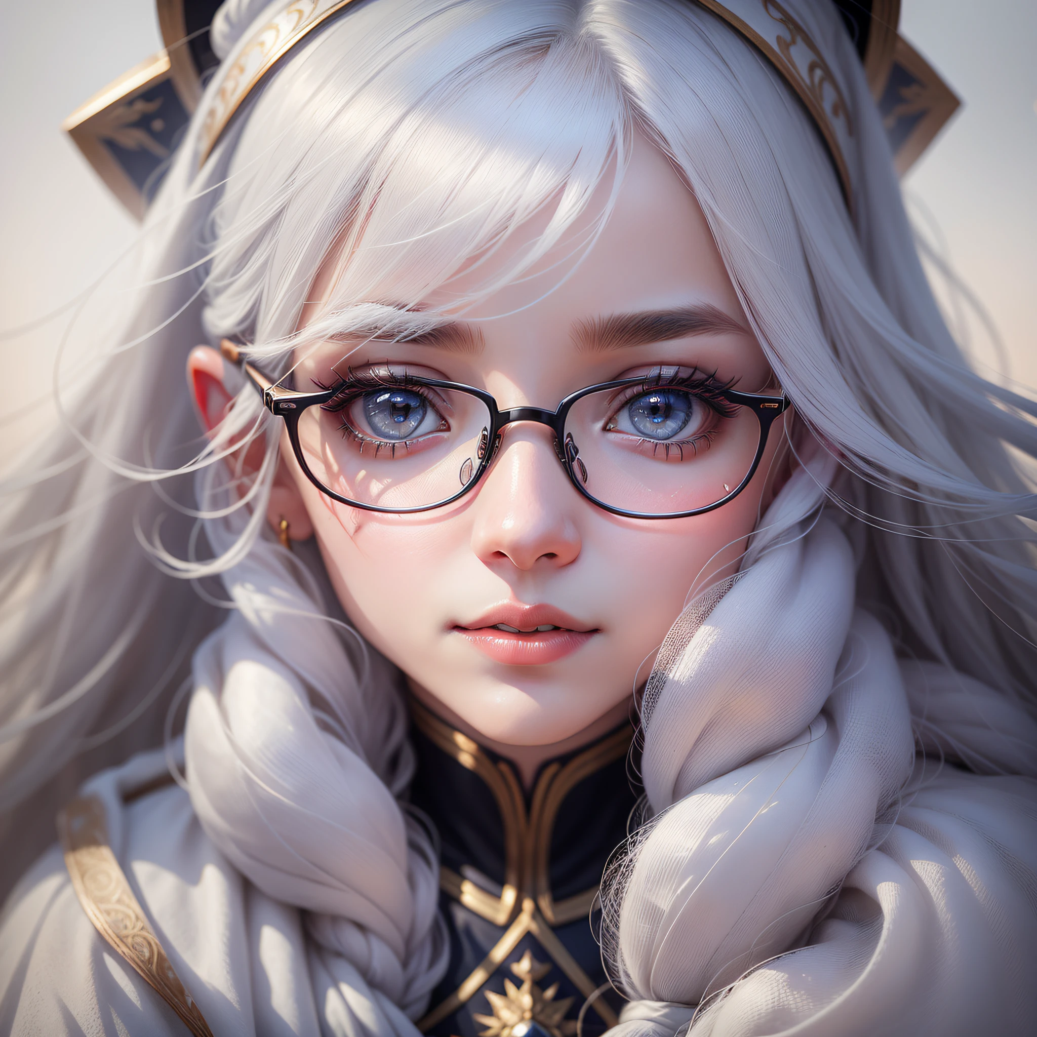 close up potrait of a young lady who has snow color and silk like hair, and delicate skin, upper body, (extremely detailed eyes, nose, ears, lips, face), beautiful and crystal clear eyes wearing glasses