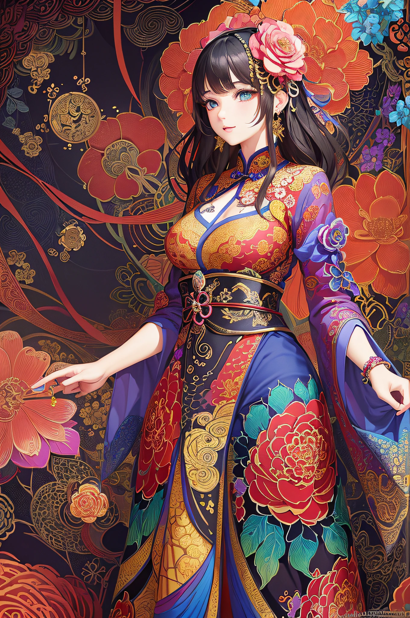 (masterpiece, top quality, best quality, official art, beautiful and aesthetic:1.2), (1girl:1.3), extremely detailed,(fractal art:1.1),(colorful:1.1)(flowers:1.3),highest detailed,(zentangle:1.2), (dynamic pose), (abstract background:1.3), (chinese Traditional cloth:1.2), (shiny skin), (many colors:1.4), ,(earrings:1.4),