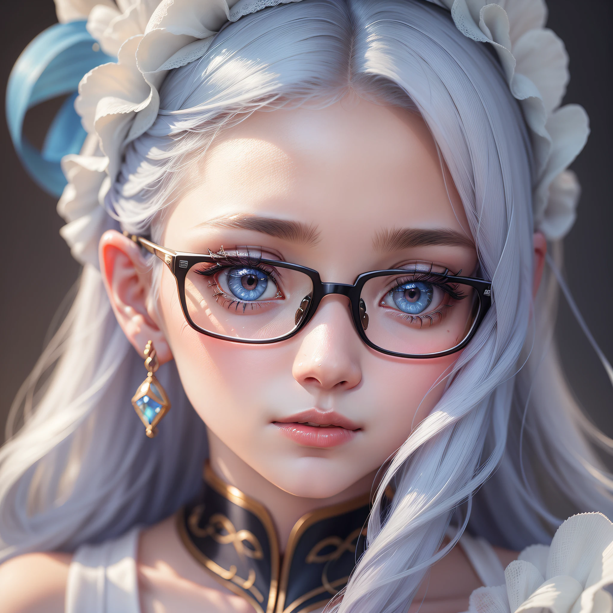 close up potrait of a young lady who has snow color and silk like hair, and delicate skin, upper body, (extremely detailed eyes, nose, ears, lips, face), beautiful and crystal clear eyes wearing glasses